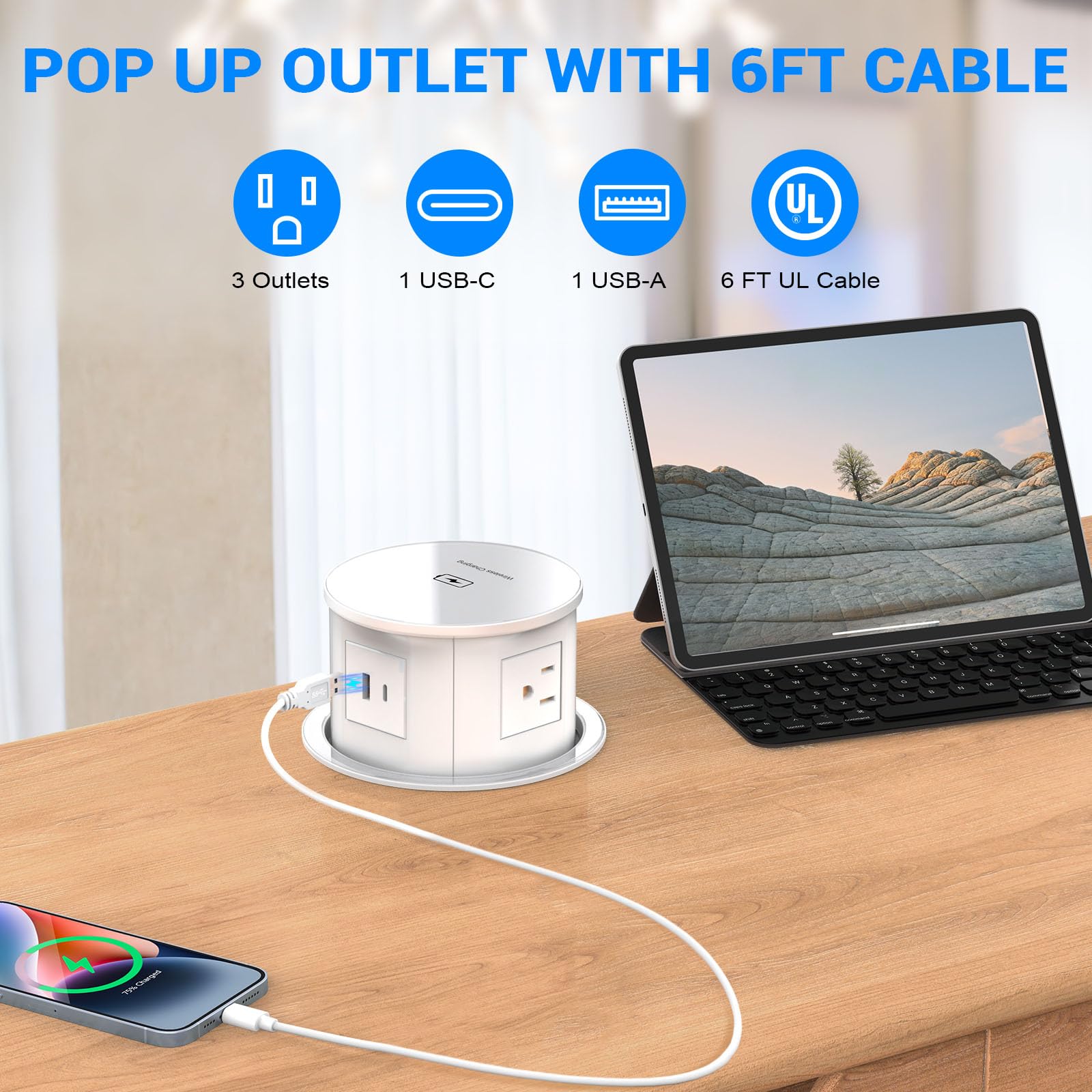 XBA Pop Up Outlet with 15W Fast Wireless Charger | 4 AC Outlets + 1 USB-A & 1 USB-C Port | Hidden Recessed Power Strip for Kitchen Countertop & Home Office Desk | 4.7