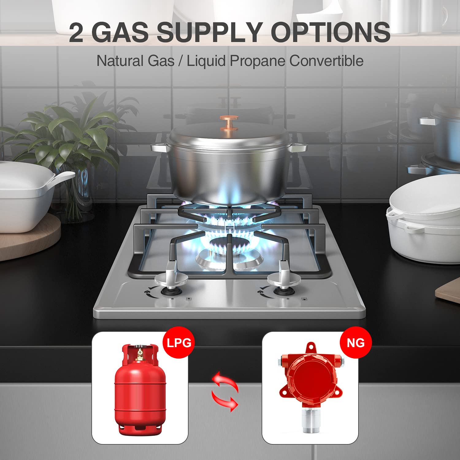 ANHANE 12 Inch 2 Burner Portable Gas Stove Cooktop - Stainless Steel Built-in LPG/NG Dual Fuel - Easy Clean for RV, Apartment, Camping & Outdoor Cooking