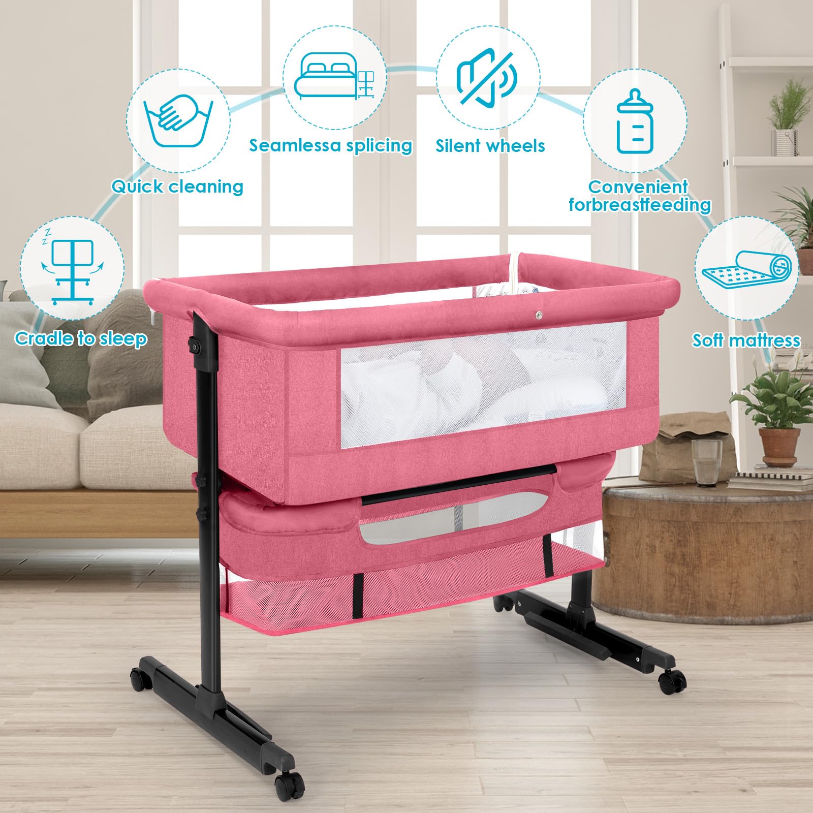 **2024 New Style Baby Bassinet - Portable Foldable Bedside Sleeper Crib for Boys & Girls (Pink) | Perfect for Nursery, Travel & Co-Sleeping**