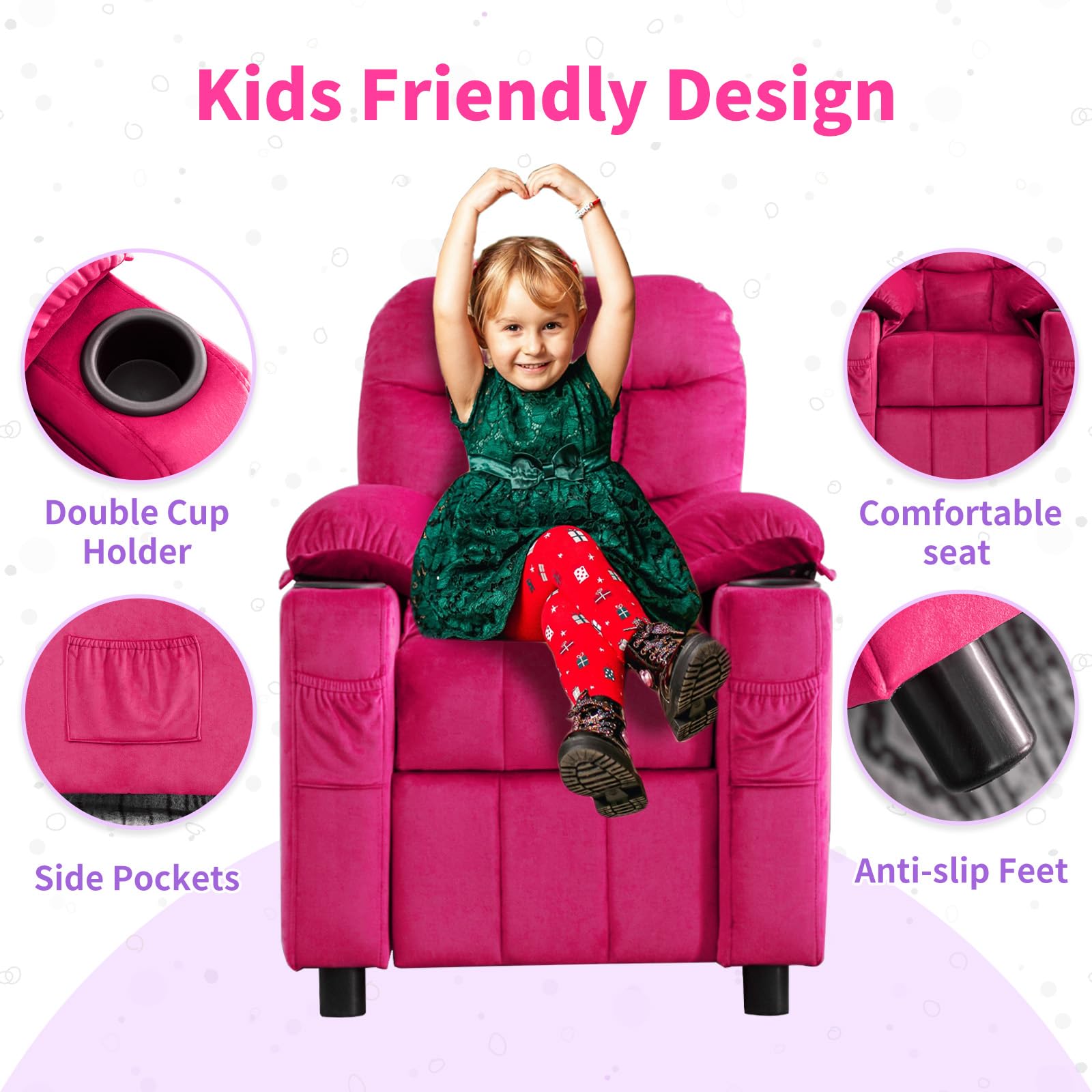 **Kids Recliner Chair with Cup Holder - Adjustable Toddler Lounge Chair with Footrest & Side Pockets, Soft Velvet Ergonomic Sofa for Boys & Girls Bedroom (Rose Pink) - Perfect for Reading, Watching TV & Relaxing**