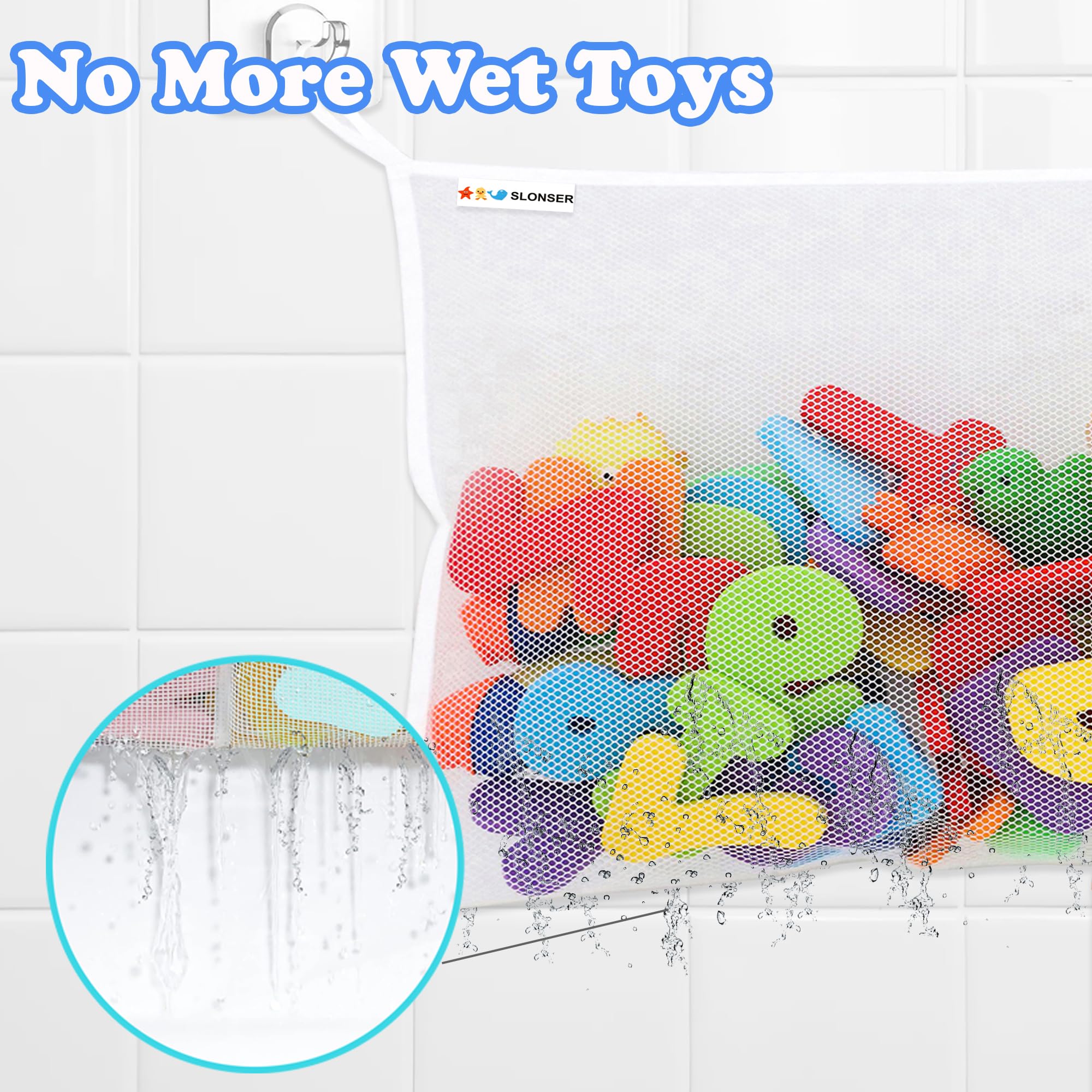 **18x16 Inch Kids Bath Toy Net - Large Mesh Storage Organizer with 2 Suction Cups & 2 Adhesive Hooks for Baby Bathtub, Toddler Shower Caddy, Hanging Basket - Perfect for Bathroom Toy Storage & Organization**