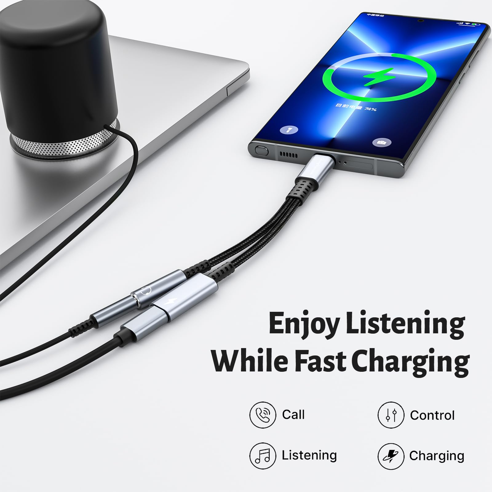 2-in-1 USB C to 3.5mm Headphone Jack & 60W Fast Charger Adapter - Compatible with Samsung Galaxy S24/S23/S22/S21 Ultra, iPhone 15, iPad Pro & More - Perfect for Music, Gaming & Charging On The Go