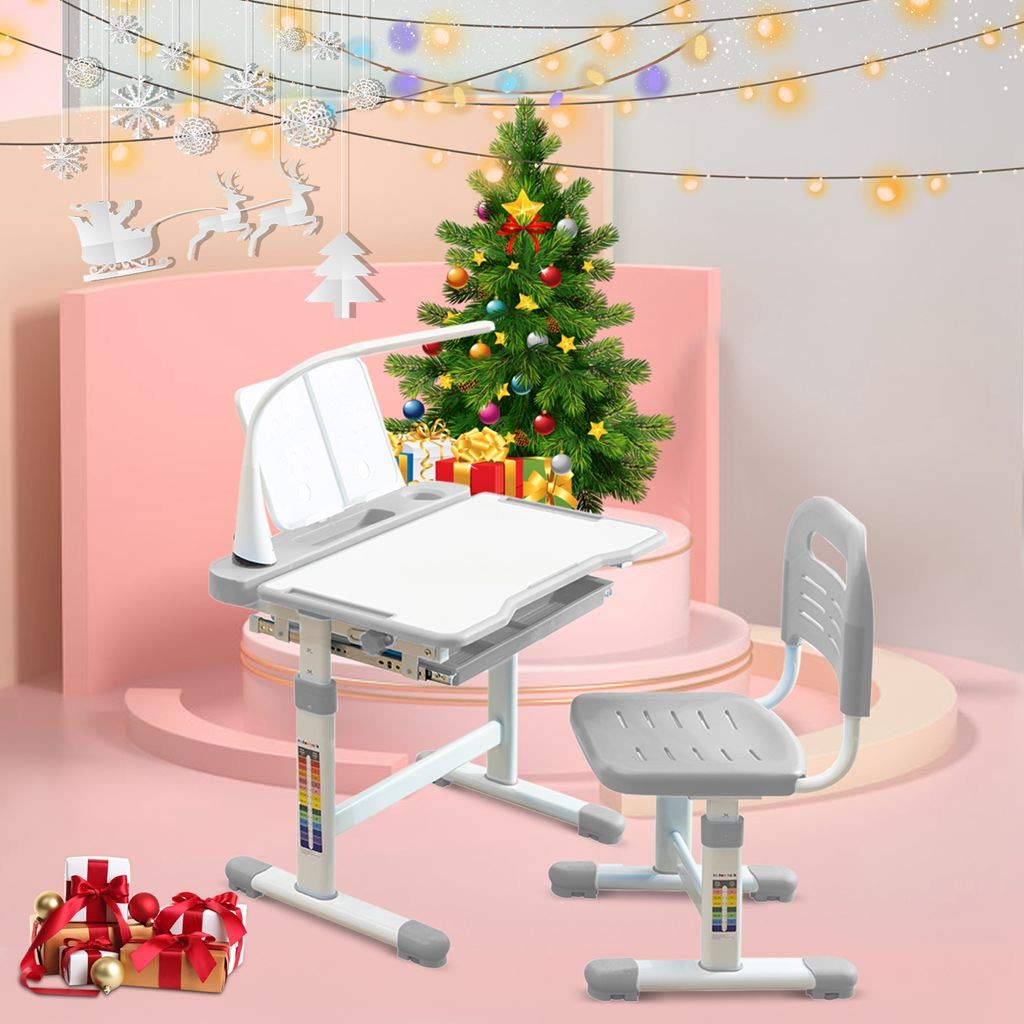 GEQSWP Kids Study Desk with Chair - Adjustable Children's Writing Table with Storage Hutch - White Home School Desk for Boys & Girls - Perfect for Homework, Drawing & Remote Learning