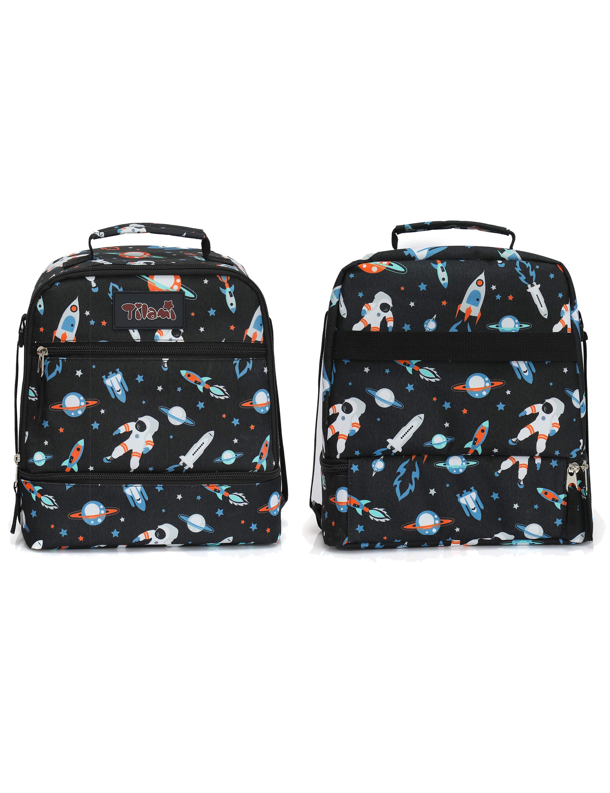 Tilami Insulated Lunch Bag with Adjustable Strap & Zipper - 2 Compartment Cooler Bag for Kids & Toddlers, Space Astronaut Design - Perfect for School, Picnics & Outdoor Activities