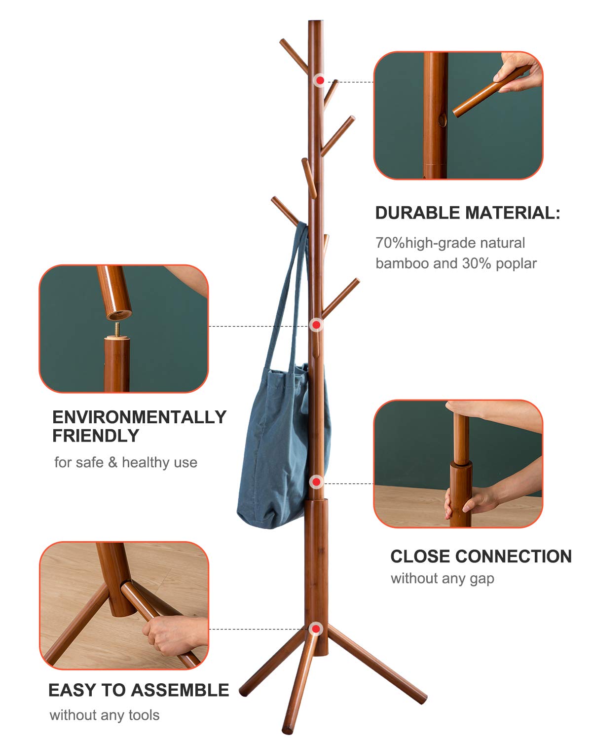 BMOSU Freestanding Coat Rack Stand - 8 Hooks Bamboo Wooden Coat Tree with 3 Adjustable Height - Space Saving Jacket Hanger for Hallway, Corner, Parlor (Brown) - Perfect for Entryway, Bedroom & Closet Organization