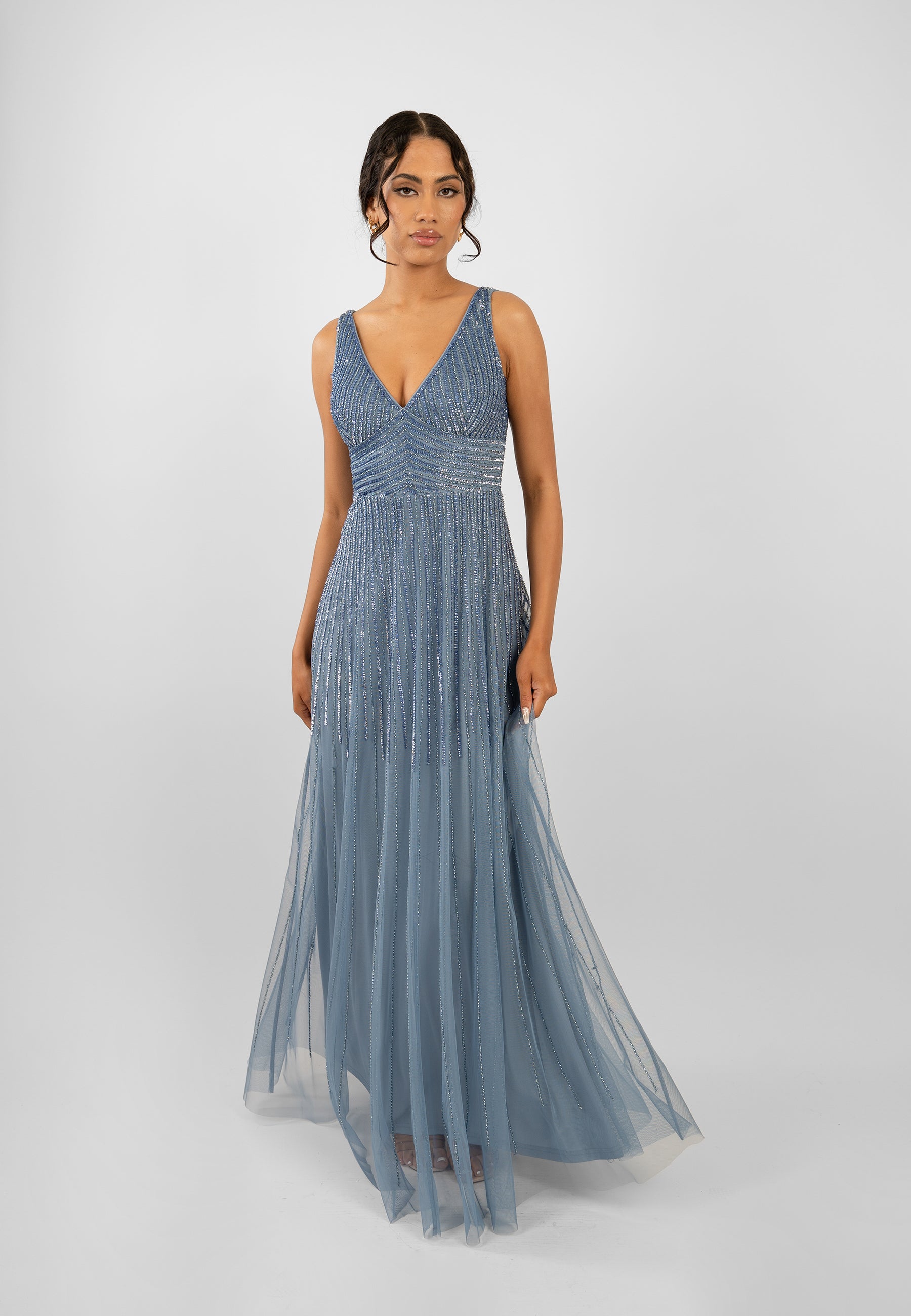 Lorelai Dusty Blue Embellished Maxi Dress for Women - Elegant Long Formal Gown with Beaded Details for Weddings, Parties & Special Occasions