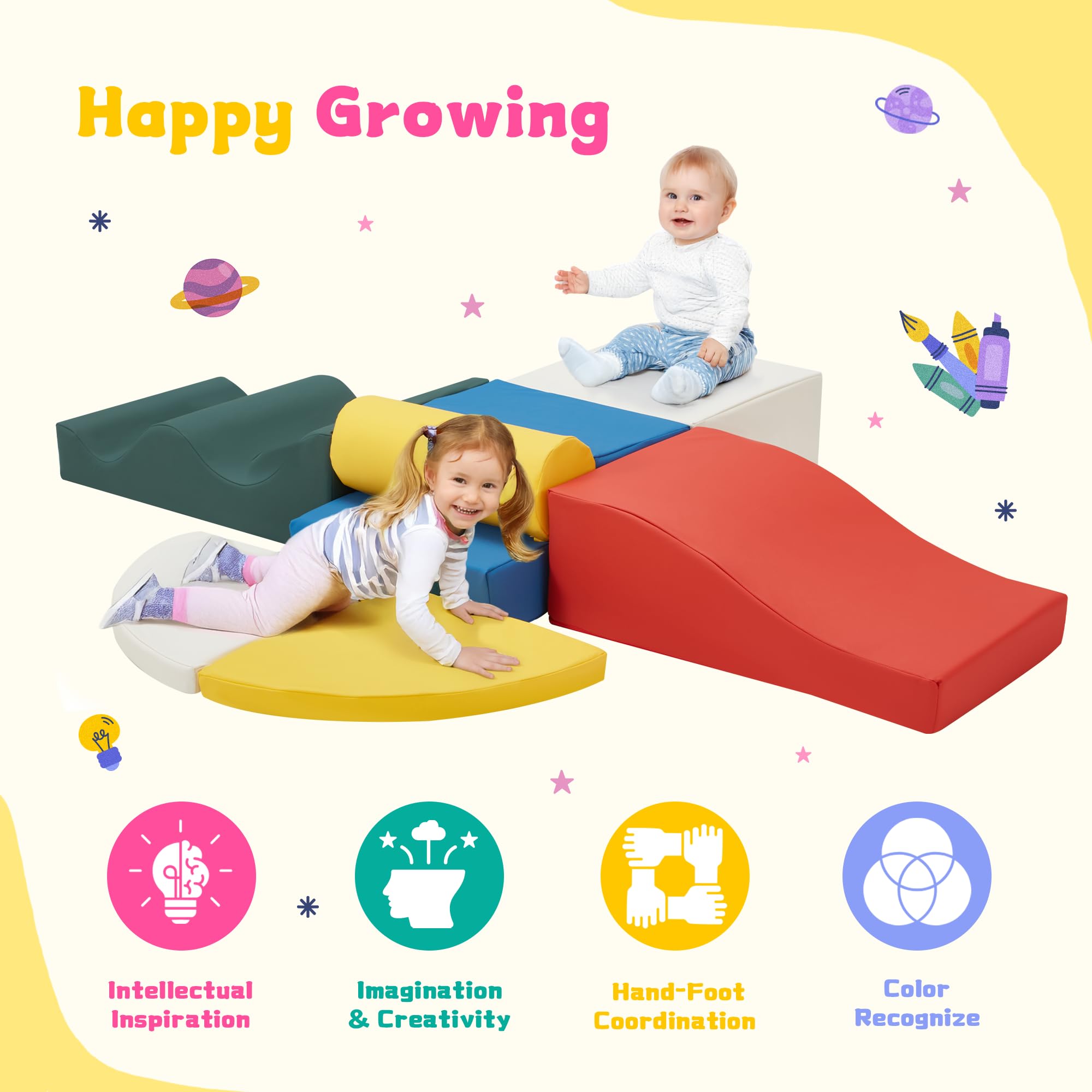 7-Piece Soft Foam Climbing Blocks for Toddlers - Non-Slip PU Leather Baby Play Gym with Velcro | Safe Indoor Activity Toys for Crawling, Climbing & Early Childhood Development | Perfect for Playrooms, Daycares & Home Learning Spaces