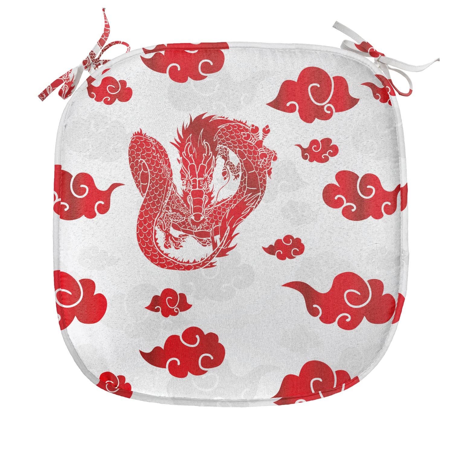 Lunarable Dragon Chair Cushion Set of 12 - Blood Red Flying Dragon with Red Clouds Mythological Design - Anti-Slip Kitchen & Patio Seat Pads 16x16 Inches - Perfect for Dining Chairs, Outdoor Furniture, and Home Decor (Red/White)