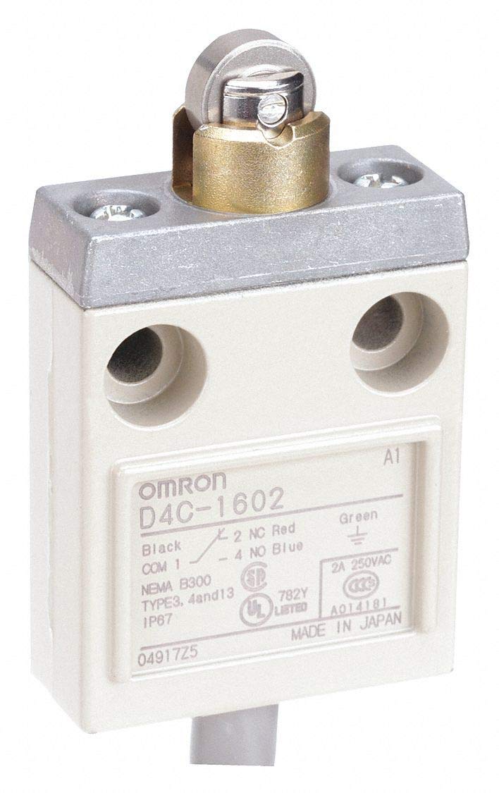 Omron D4C-1602 Compact Enclosed Limit Switch with Roller Plunger - High Sensitivity, SJT(O) Cable, 5A 250VAC/4A 30VDC, 3m Cable - Ideal for Industrial Automation, CNC Machines, and Safety Equipment
