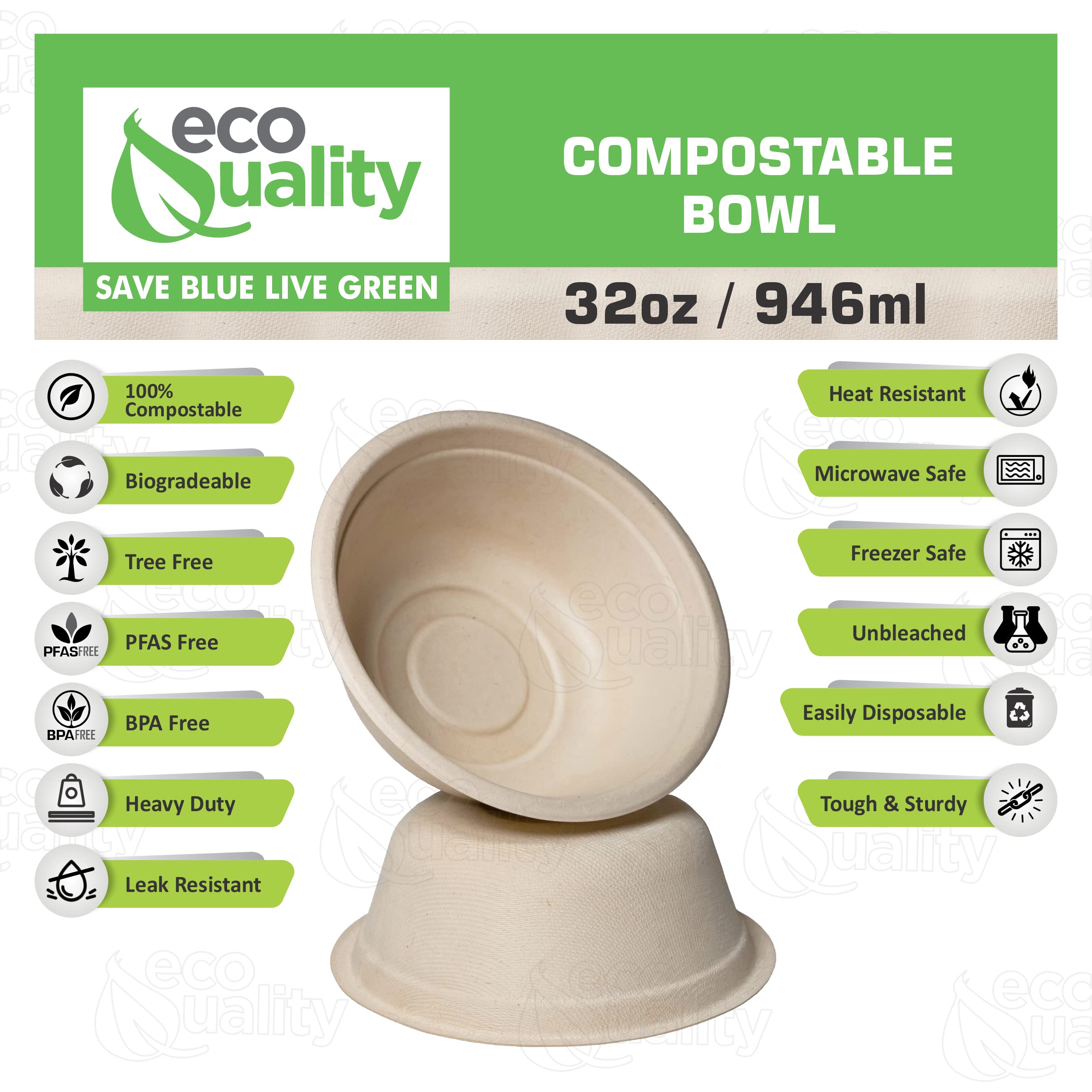 500 Count - EcoQuality 32oz Round Disposable Bowls | Natural Sugarcane Bagasse Bamboo Fiber Compostable Bowls | Sturdy Eco-Friendly Paper Bowl Alternative | Perfect for Parties, Picnics & Takeout Meals