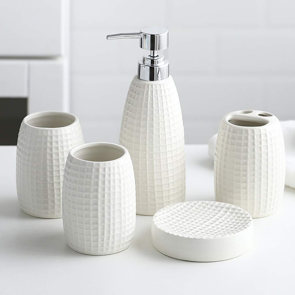 5-Piece Ceramic Bathroom Accessory Set - Soap Dispenser, Toothbrush Holder, Soap Dish & 2 Tumblers - Elegant White Bathroom Organizer for Countertop Decor & Luxury Spa Experience