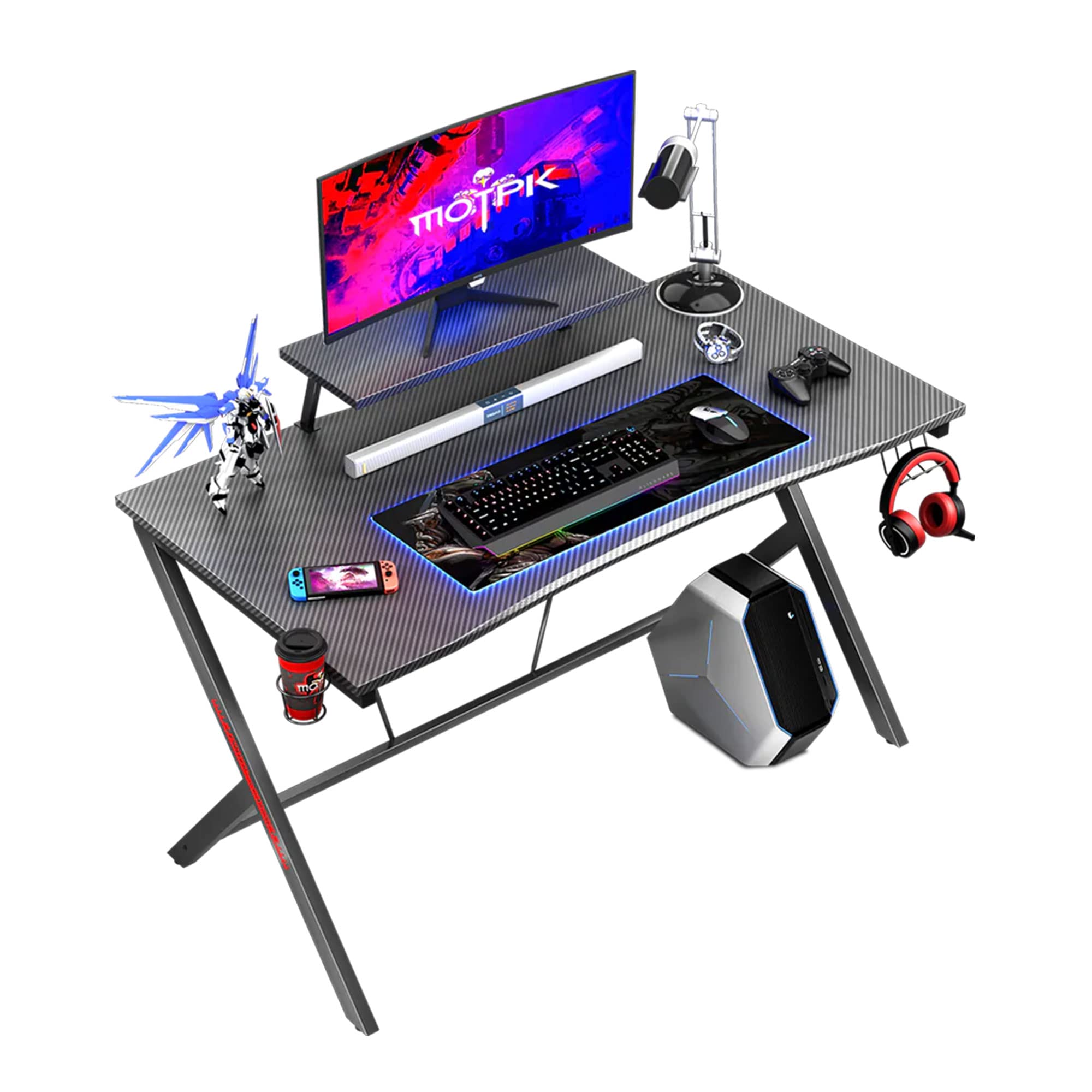 MOTPK 39 Inch Gaming Desk with Monitor Shelf, Carbon Fiber Coated Computer Desk for Gamers - Includes Cup Holder & Headphone Hook - Perfect for PC Gaming Setup, Home Office & Streaming (Black)