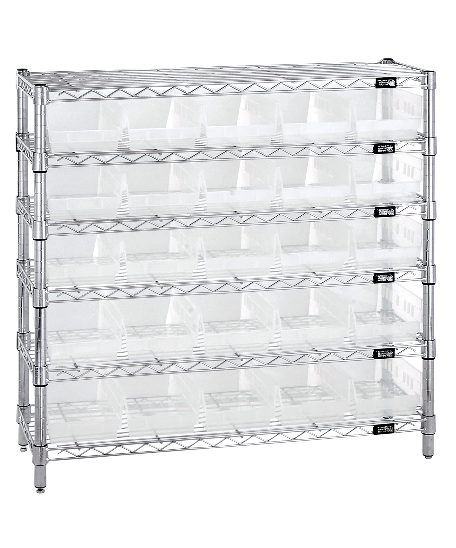 Quantum Storage Systems WR6-36-1236-102CL 6-Tier Wire Shelving Unit with 25 Clear-View Shelf Bins - Chrome Finish, 36