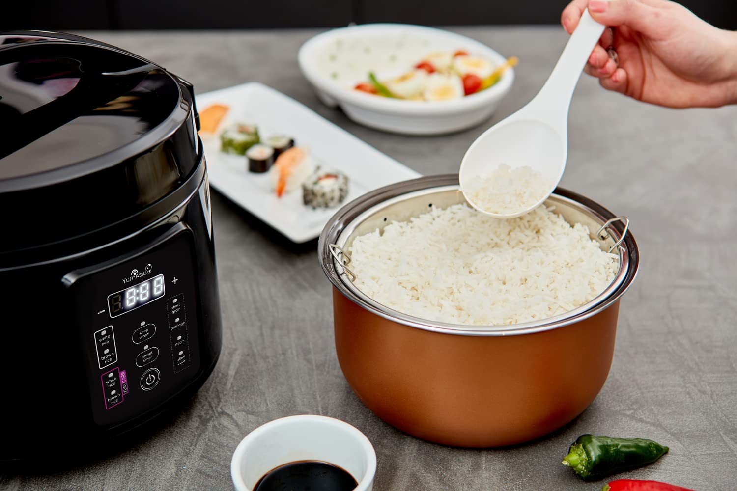 Yum Asia Kumo YumCarb 5.5 Cup (1 Liter) Rice Cooker with Ceramic Bowl - Fuzzy Logic Technology, 5 Rice Cooking & 3 Multicooker Functions, 110V US Plug (Dark Stainless Steel) - Perfect for Home Kitchens, Dorm Rooms & Small Families