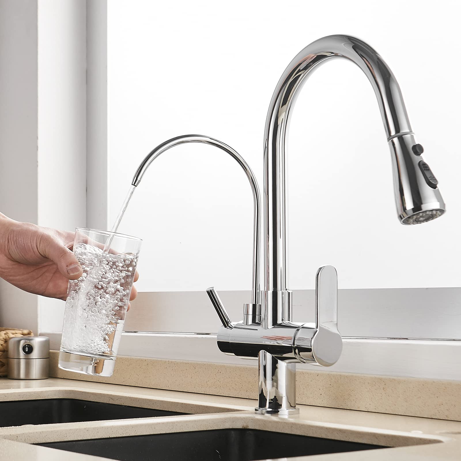 Premium MENATT 2-Handle Kitchen Sink Faucet with Pull-Down Sprayer & Built-In Water Filter | 3-in-1 Drinking Water Purification System (Chrome Finish) | Ideal for Modern Kitchens, Home Renovations & Healthy Drinking Water Solutions