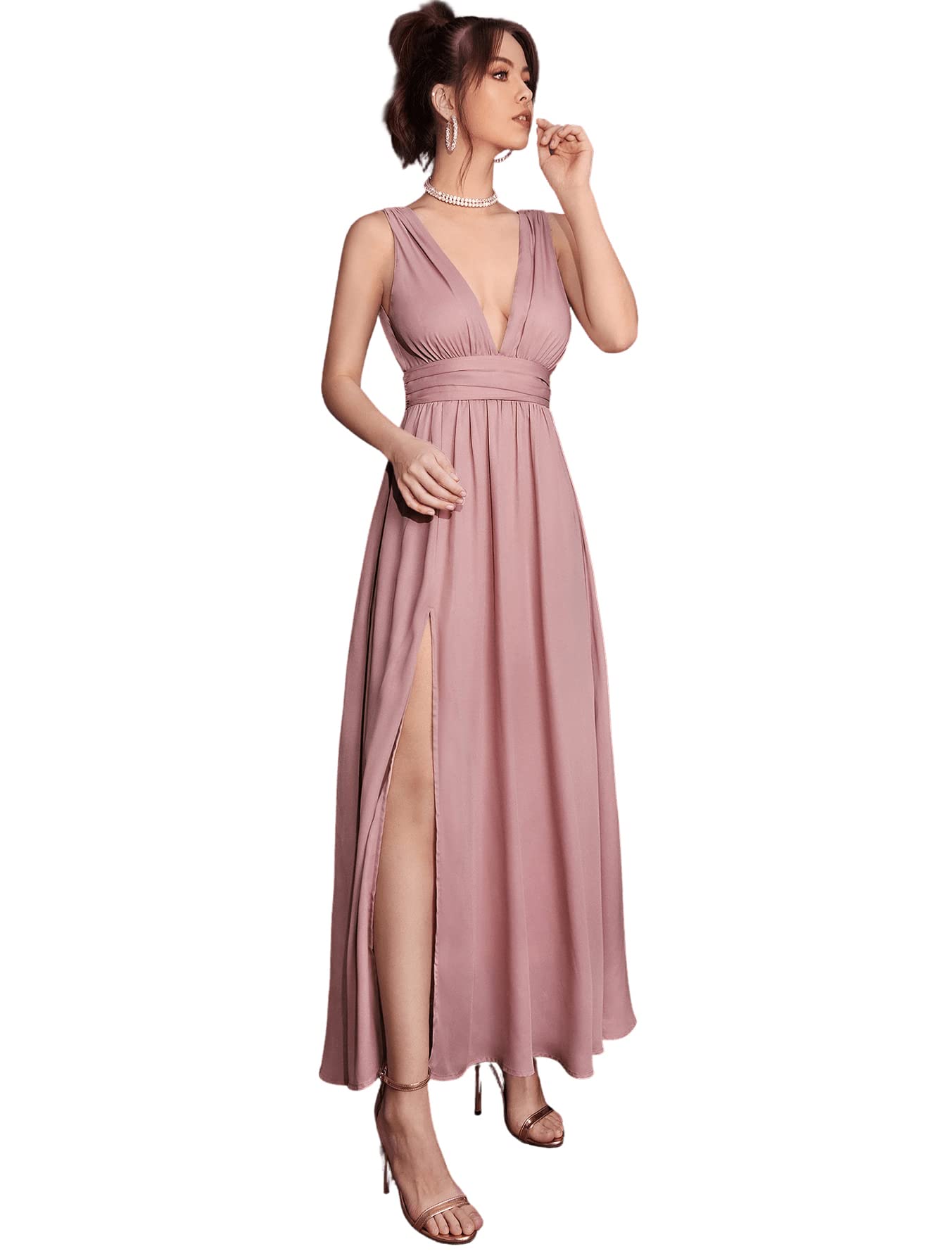 Floerns Women's Sexy Plunging V-Neck Long Dress with Thigh High Slit & Ruched Detail - Elegant A-Line Formal Gown for Prom, Evening Party & Special Occasions