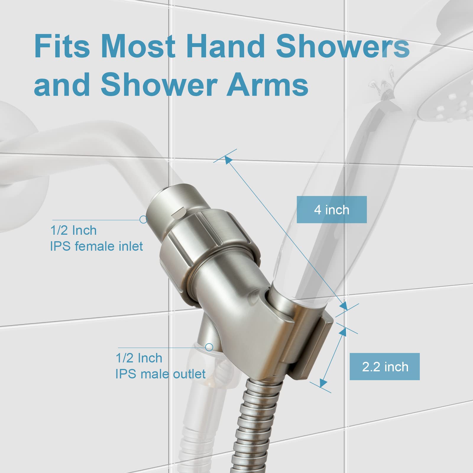 OFFO Solid Brass Shower Head Holder - Adjustable Brushed Nickel Shower Arm Mount for Handheld Shower Heads - 1/2 Inch IPS Female Inlet & Male Outlet - Perfect for Bathroom Renovation and Spa-Like Shower Experience