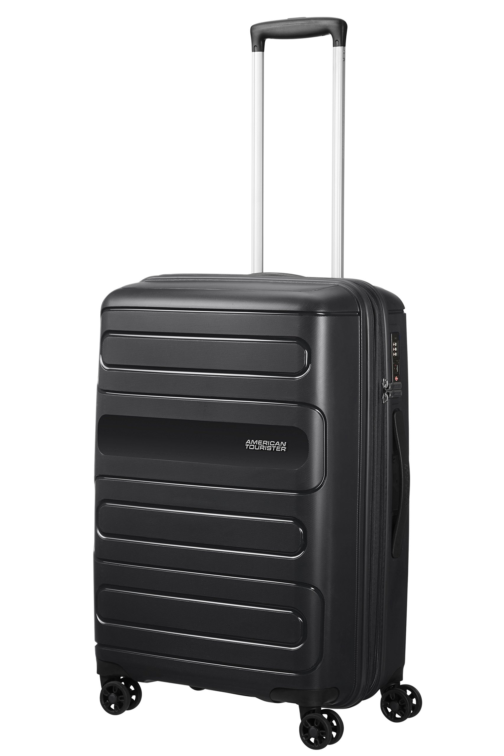 American Tourister Black Spinner Luggage 67.5cm-83.5L Carry-On Suitcase with 360° Wheels for Business Travel & Weekend Getaways