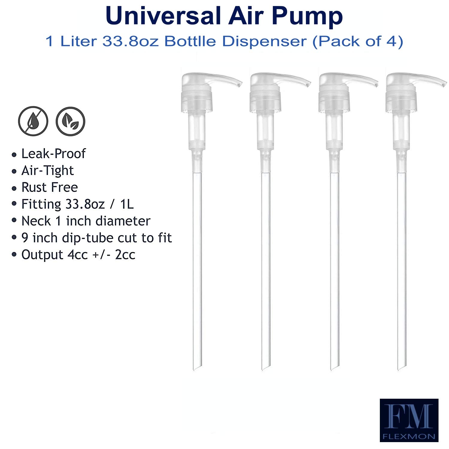 4-Pack Universal Pump Dispenser for Shampoo, Conditioner & Lotion Bottles - Rust-Free Plastic Dispenser Fits 1L (33.8oz) Containers - Perfect for Bathroom, Salon & Travel Use