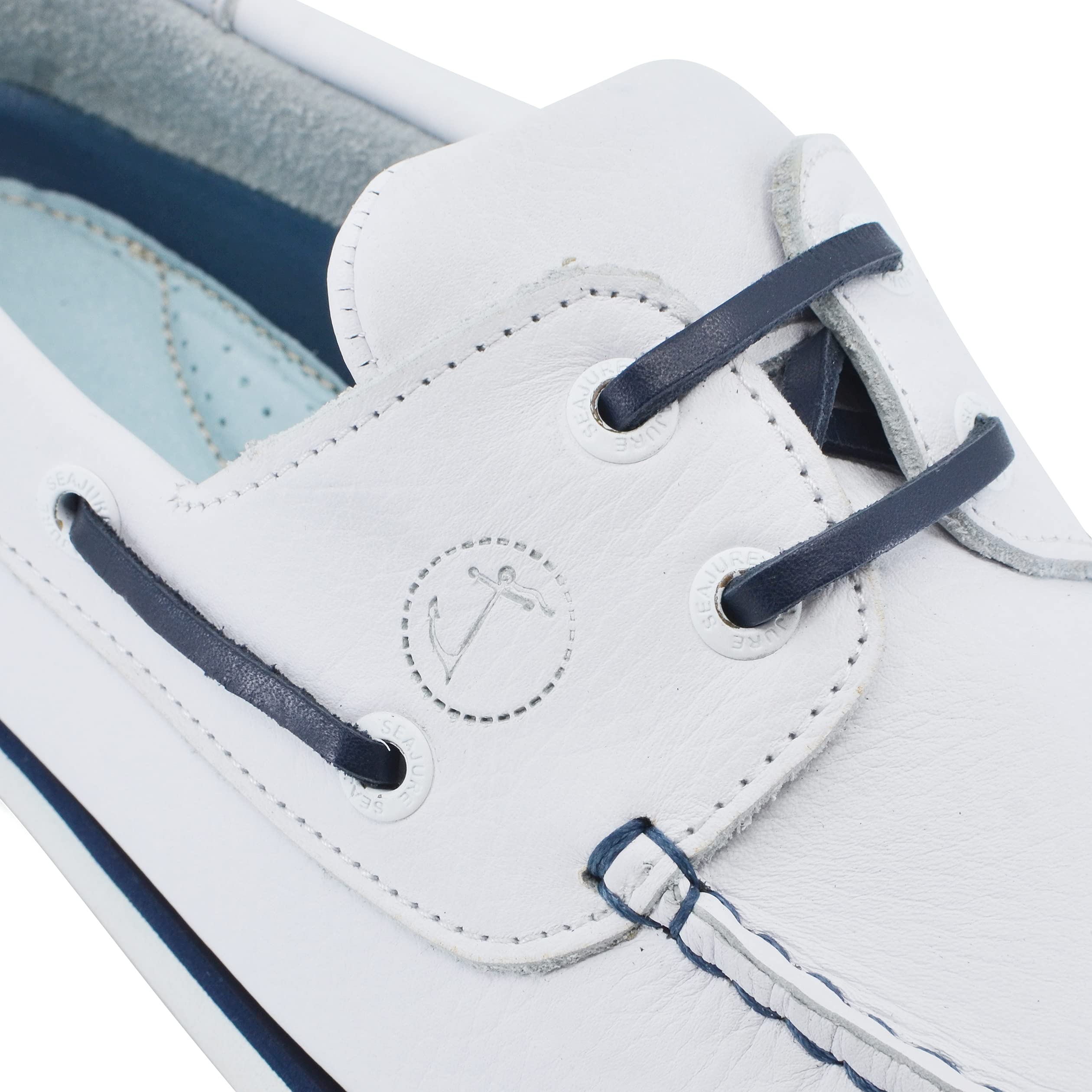 Seajure Men's Boat Shoes - White & Navy Blue Leather Deck Shoes for Casual Wear, Sailing, and Outdoor Activities