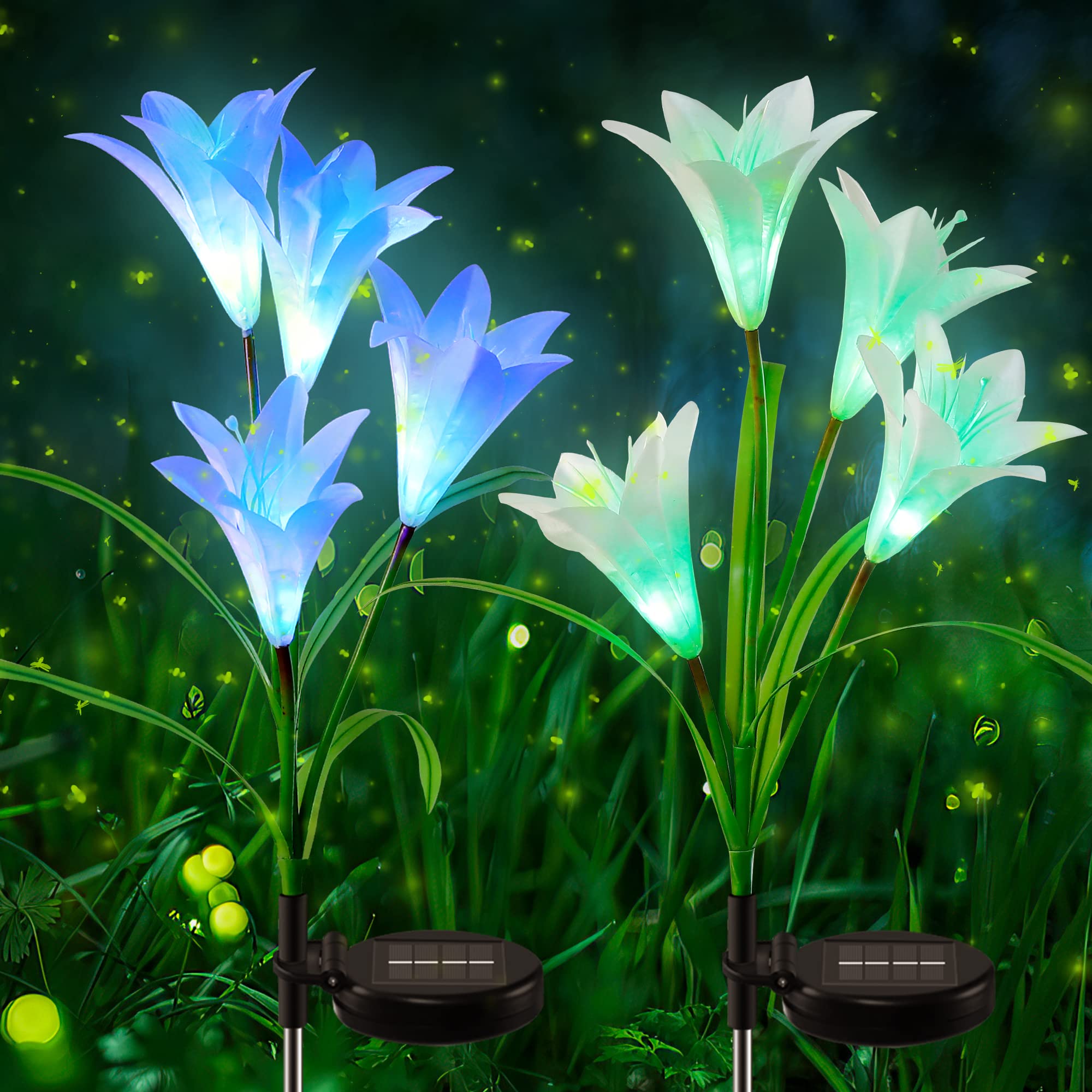 Mimigogo 2 Pack Solar Garden Stake Lights - Waterproof Outdoor Solar Powered LED Lights with 8 Lily Flowers, 7 Color Changing for Garden, Patio, Backyard (Blue White) | Perfect for Pathway Lighting, Landscape Decoration & Evening Ambiance