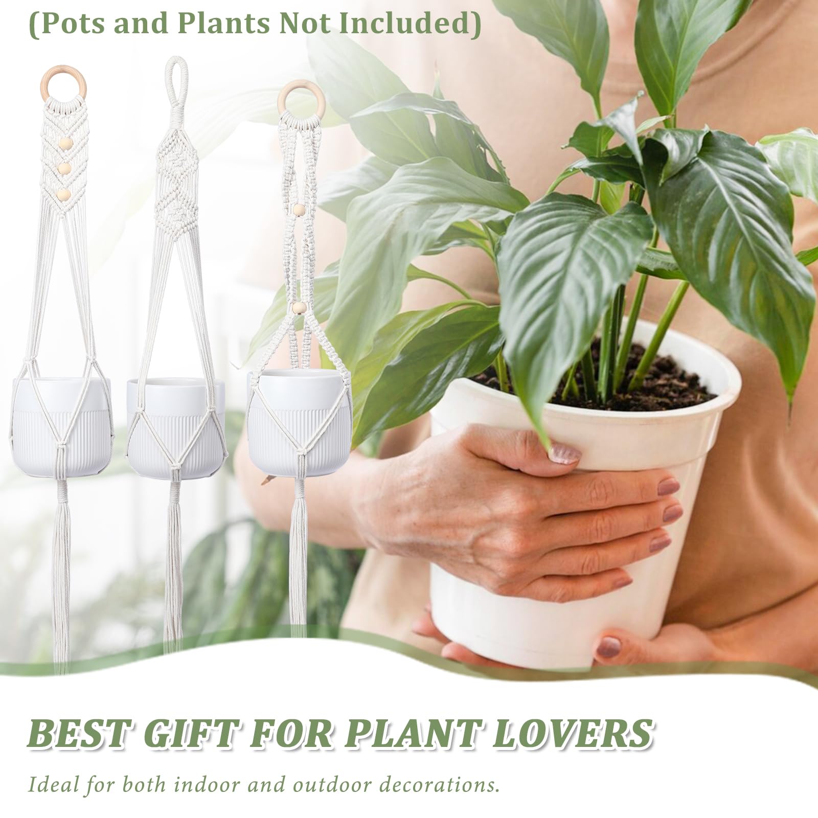 3-Pack Macrame Plant Hangers for Indoor & Outdoor Plants - Bohemian Style Wall Hanging Planter with Wood Bead Decor - Perfect for Home, Office, Balcony & Garden Decor (Pots Not Included)
