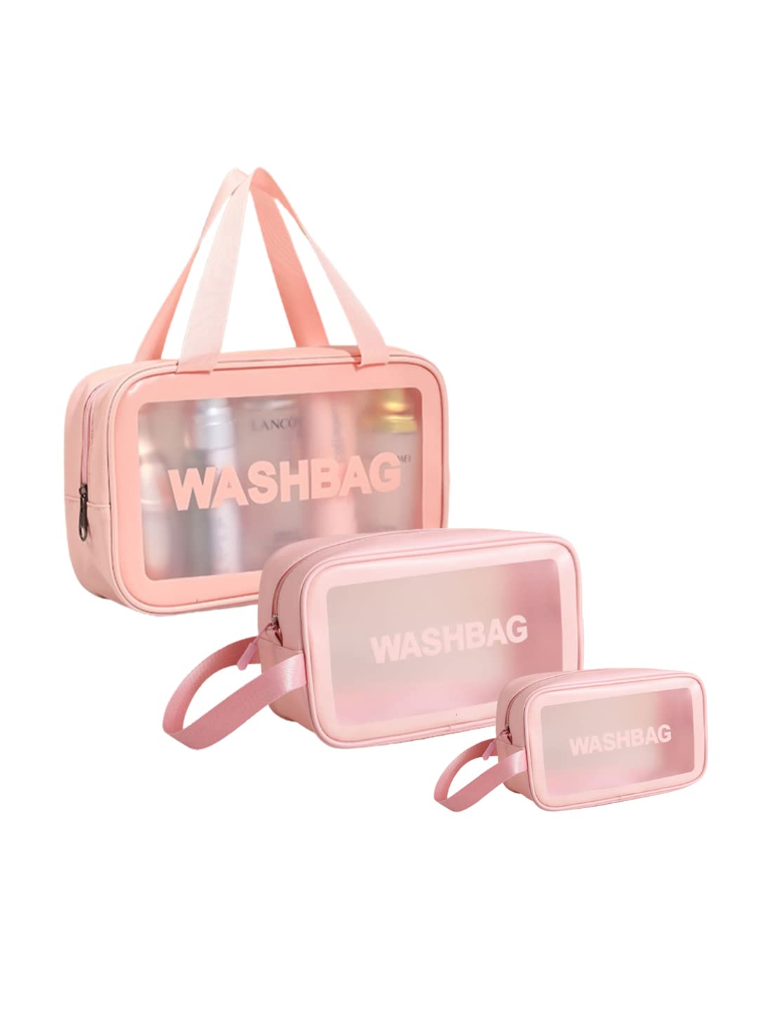 Amso Waterproof PVC Cosmetic Bag Set of 3 - Travel Makeup Organizer for Brushes, Toiletries & Accessories - Pink Zippered Portable Pouch for Home, Gym & Vacation Essentials
