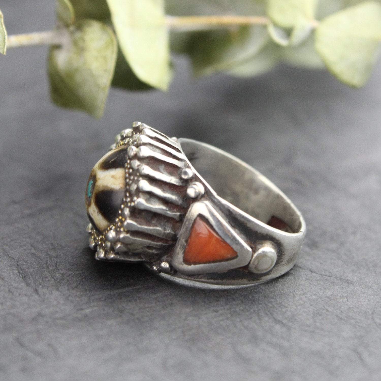 Stunning Agate Dzi Bead & Coral Statement Ring - Tibetan Inspired Jewelry for Women | Perfect for Boho Fashion, Spiritual Healing & Unique Gift Giving