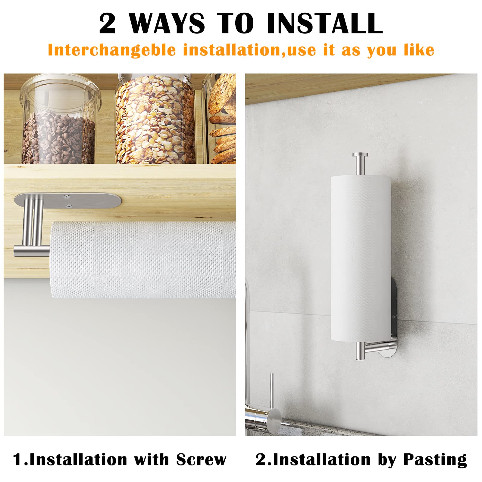 Upgraded Stainless Steel Under Cabinet Paper Towel Holder - Double Rod Bearing Design, Self-Adhesive or Drill Mount for Kitchen - Perfect for Easy Access to Paper Towels While Cooking & Cleaning