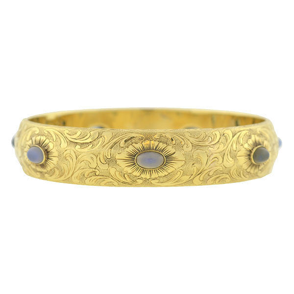 Victorian Style 14kt Gold Etched Cabochon Chalcedony Bracelet - Elegant Jewelry for Women, Perfect for Weddings, Parties & Special Occasions