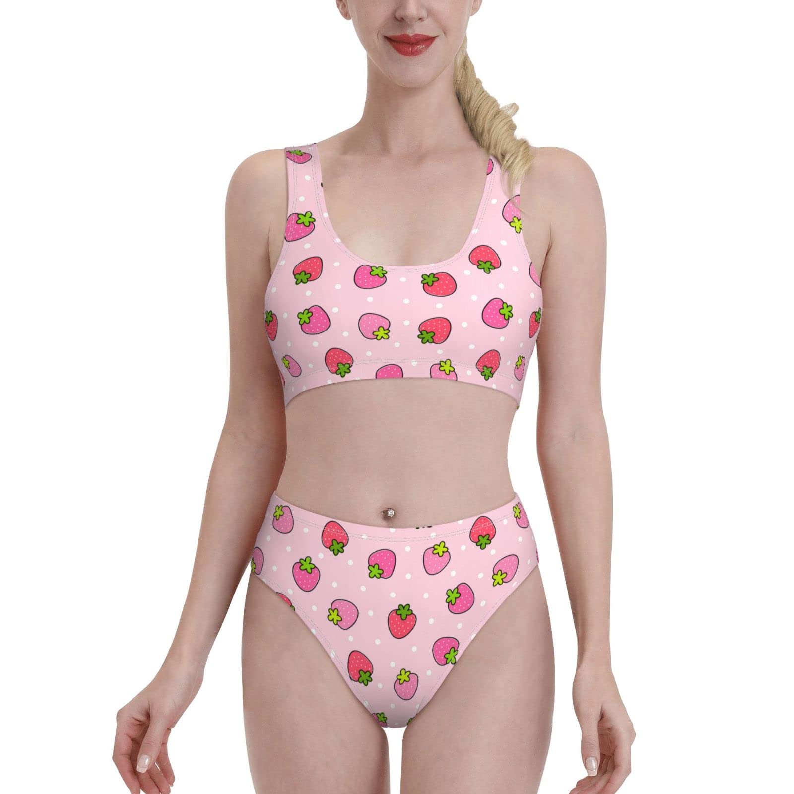 Preler DIY Women's Cute Strawberry Print Bikini Set - Sporty 2 Piece High Waisted Swimwear with Tummy Control for Beach, Pool & Summer Vacations