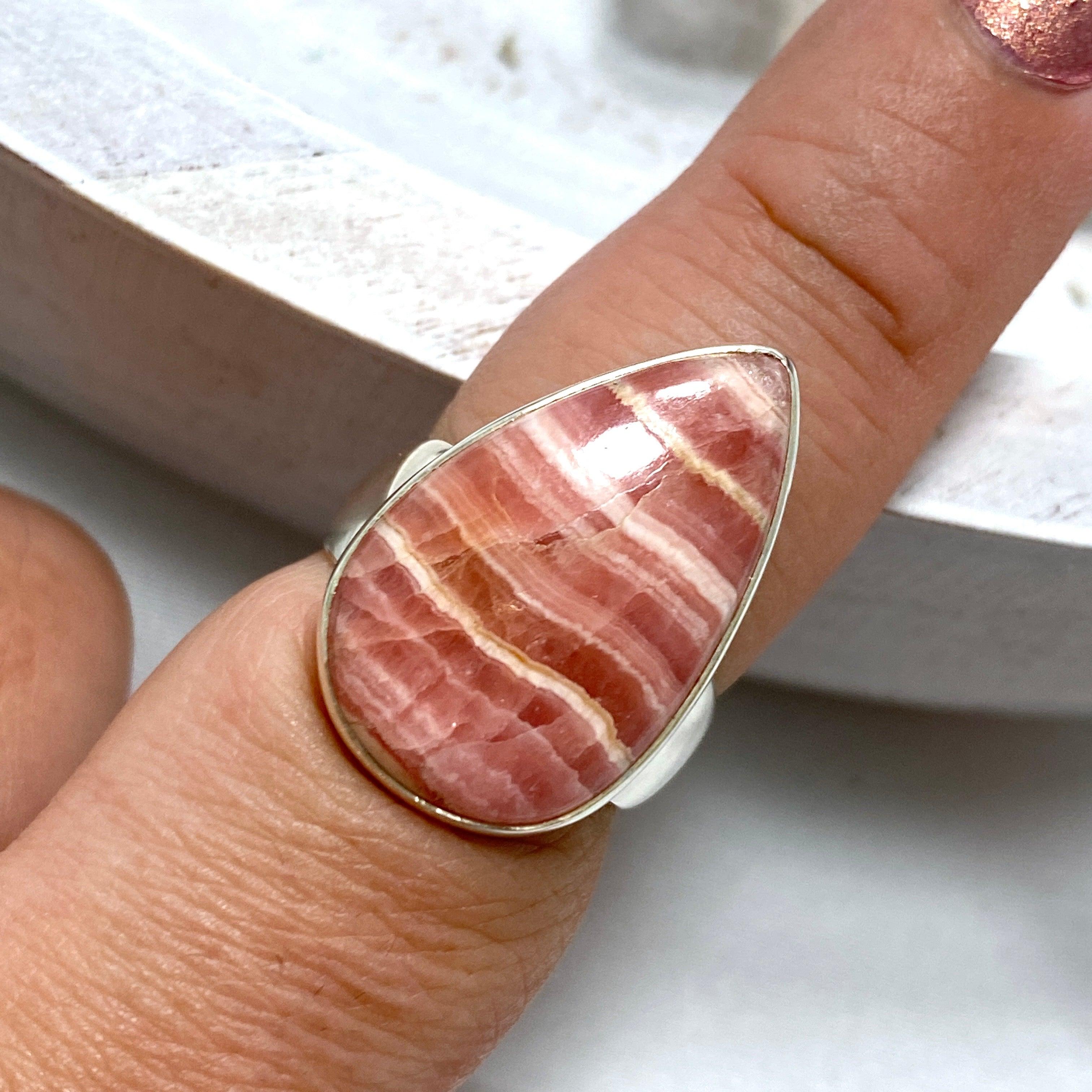 Rhodochrosite Teardrop Ring Size 8 - Handmade Sterling Silver Jewelry for Women, Elegant Gemstone Ring for Gift, Party & Everyday Wear