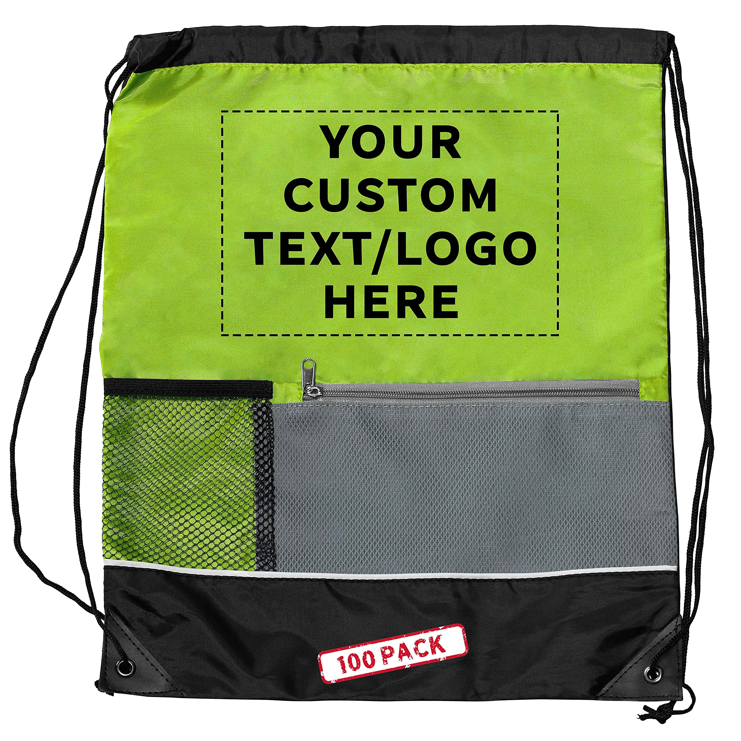 Custom Front Pocket Drawstring Backpacks - Bulk Set of 100 Personalized Reusable Bags | Lightweight Sports & Promotional Backpacks in Lime Green | Perfect for School, Gym, Travel & Events