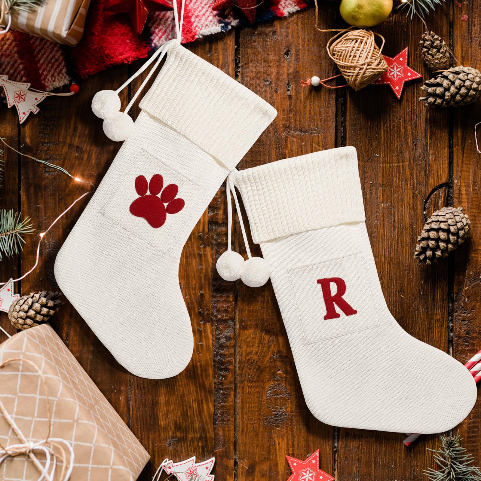 Personalized Knitted Christmas Stockings with Monogram Initials - 16.5 Inch Custom Xmas Stockings for Fireplace Hanging (26 Letters Available) - Perfect for Family Holiday Decorations, Christmas Party Gifts & Cozy Winter Home Decor (White)