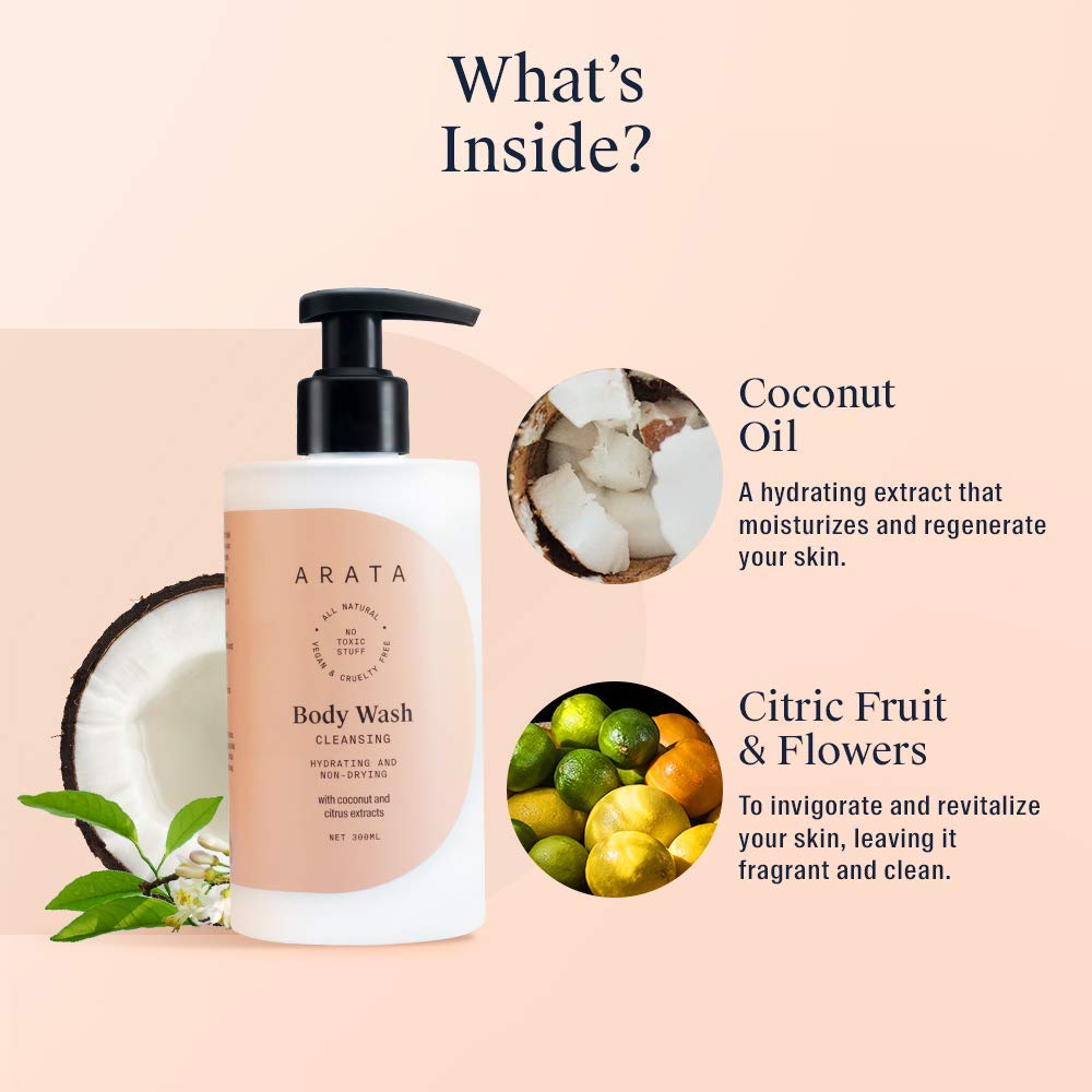Ar.ata Natural Hydrating & Non-Drying Body Wash with Coconut & Citrus Extracts - Vegan, Cruelty-Free Gentle Cleanser for Women & Men (300ml) | Moisturizing Shower Gel for Dry Skin, Daily Use at Home & Gym