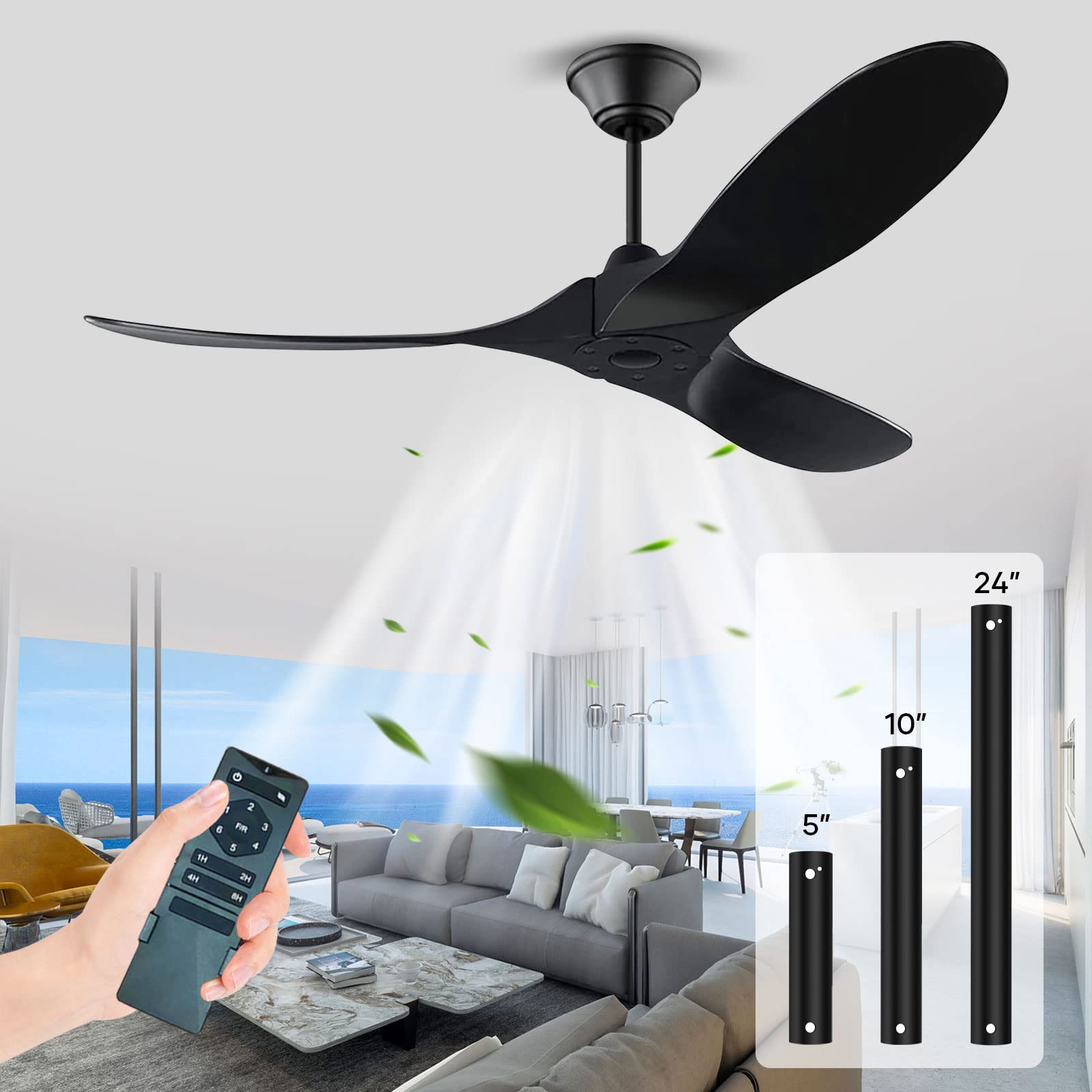 52 Inch Black Outdoor Ceiling Fan - Modern Wood Blades, Remote Control, High Airflow - Perfect for Patio, Porch, Gazebo & Commercial Spaces - Indoor/Outdoor Use with 3-Blade Design - Ideal for Summer Cooling & Home Decor