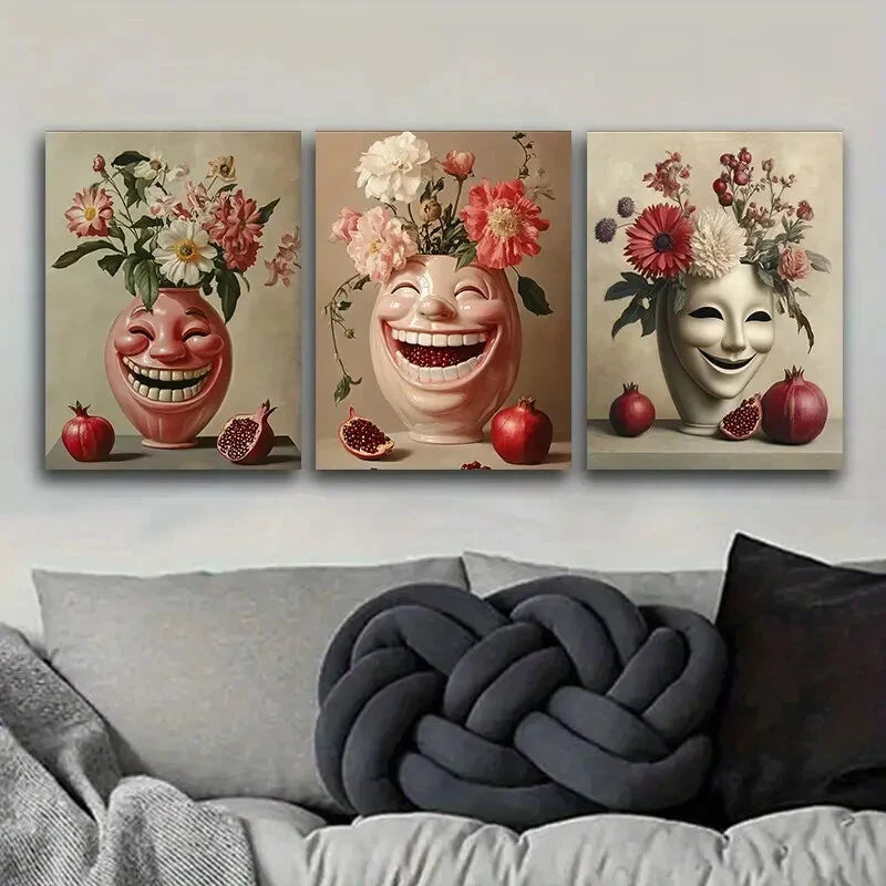 3-Piece Metal Wall Art Vase with Carved Faces - Ready to Hang Home Decor for Living Room, Bedroom & Office