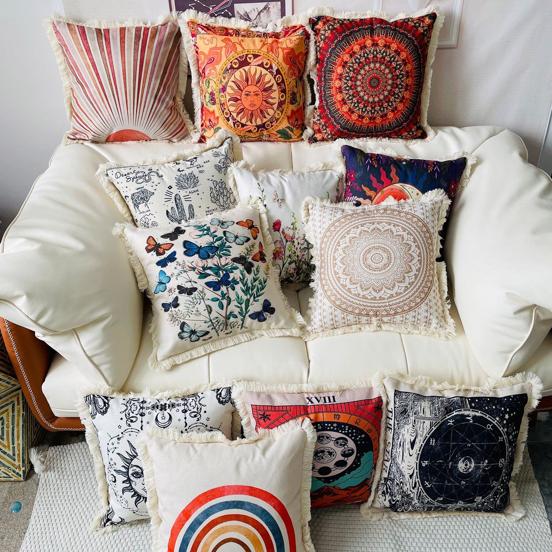 Red Sun and Sunshine Tassel Throw Pillow Covers - 18x18 Inch Bohemian Home Decor for Living Room, Sofa, Couch & Bedroom - One-Side Printed Mysterious Accent Pillow | Perfect for Boho Chic, Farmhouse & Eclectic Interior Design Styles