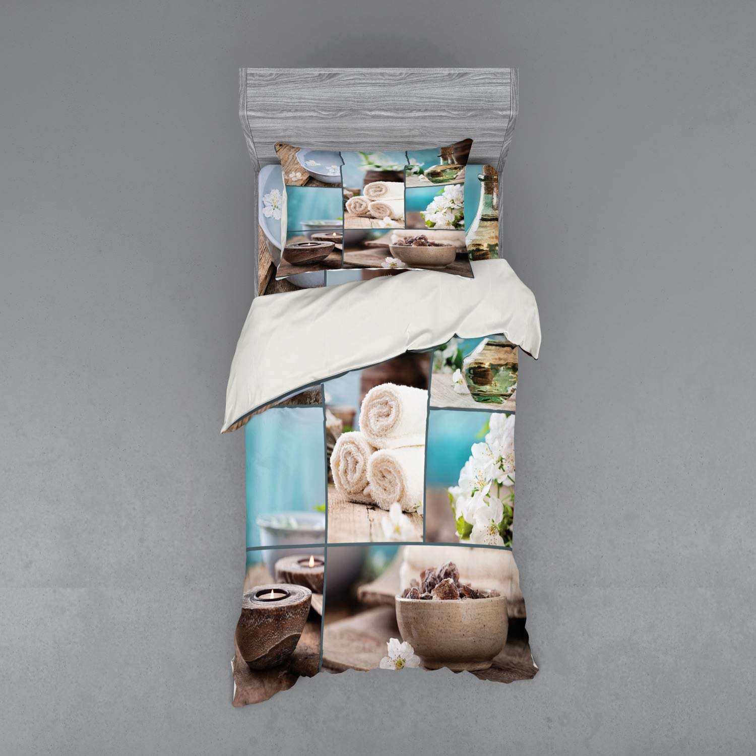 Ambesonne Spa Duvet Cover Set 3-Piece - Far East Massage Theme with Oils, Candles & Flowers Print - Twin Size Blue & White Bedding Set with Sham & Fitted Sheet - Perfect for Relaxing Spa Nights & Asian-Inspired Home Decor