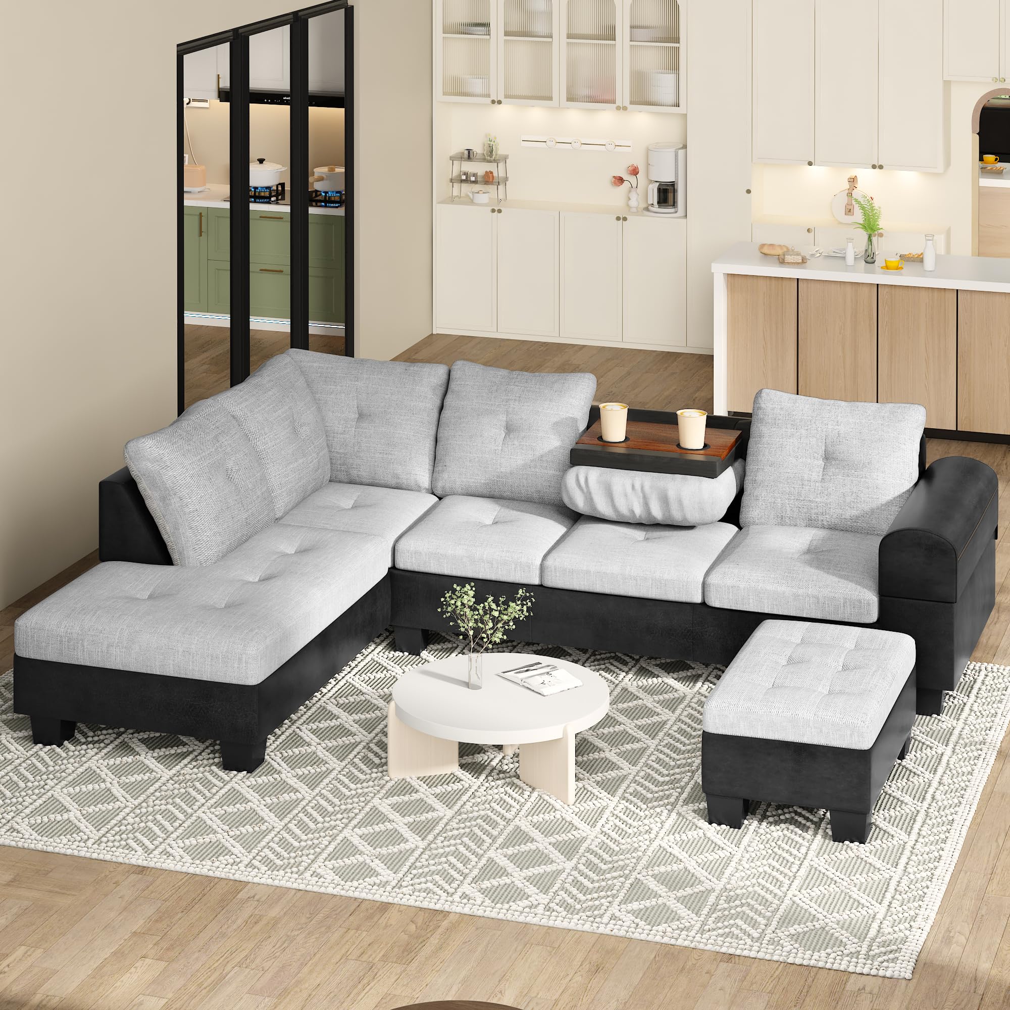 Lamerge Modern Modular Sectional Sofa Set - 6-Seat L-Shaped Couch with Ottoman & Wide Chaise | Contemporary Living Room Furniture for Apartments & Small Spaces | Perfect for Family Gatherings & Movie Nights