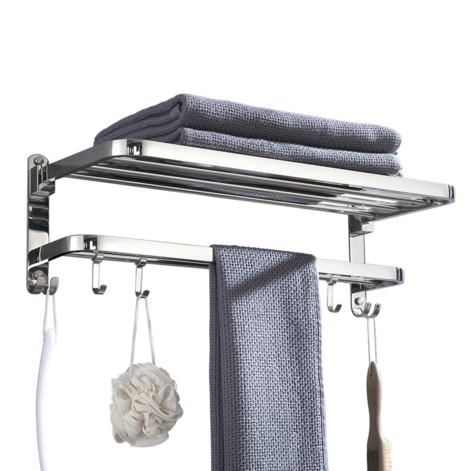 Stainless Steel Adjustable Wall Mounted Towel Rack with Hooks - 50cm Retractable Bathroom & Kitchen Towel Holder for Space Saving Organization