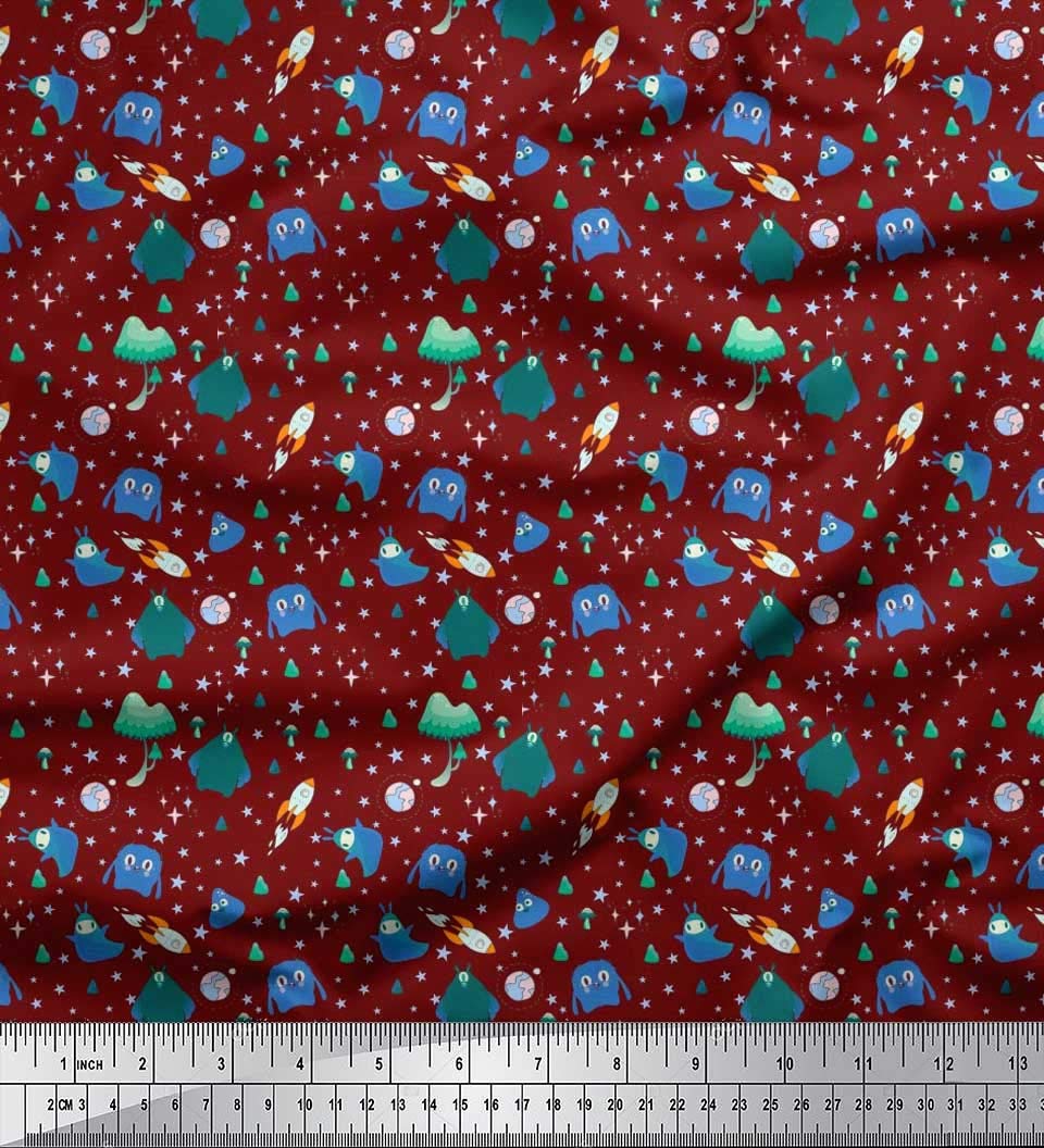 Soimoi 100% Cotton Voile Fabric - Red Star Planet Alien Cartoon Print - 42 Inch Wide by The Yard - Lightweight Soft Material for DIY Dresses, Curtains, Quilting & Craft Projects - Galactic Space Adventure Theme Textile
