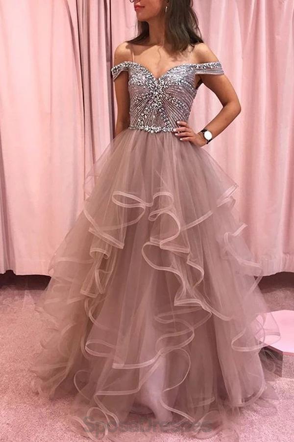 Elegant Off Shoulder Beaded Bodice Ruffle Skirt Long Evening Prom Dress for Women - Perfect for Formal Events, Homecoming, Wedding Guest & Special Occasions