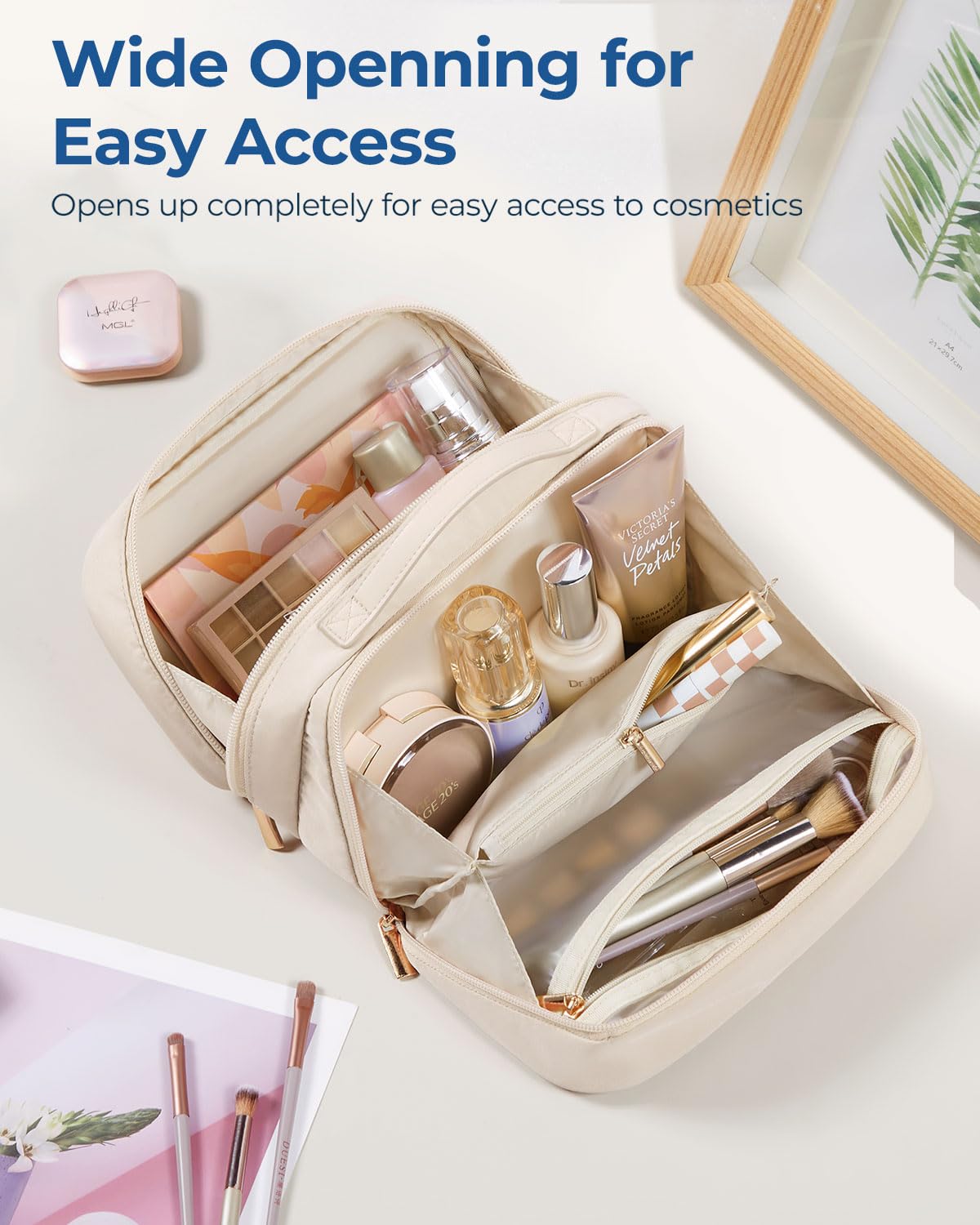 BAGSMART Travel Makeup Organizer Bag for Women - Portable Cosmetic Bag with Wide Opening for Toiletries, Brushes & Bottles | Perfect for Travel Essentials & Daily Use (Beige)