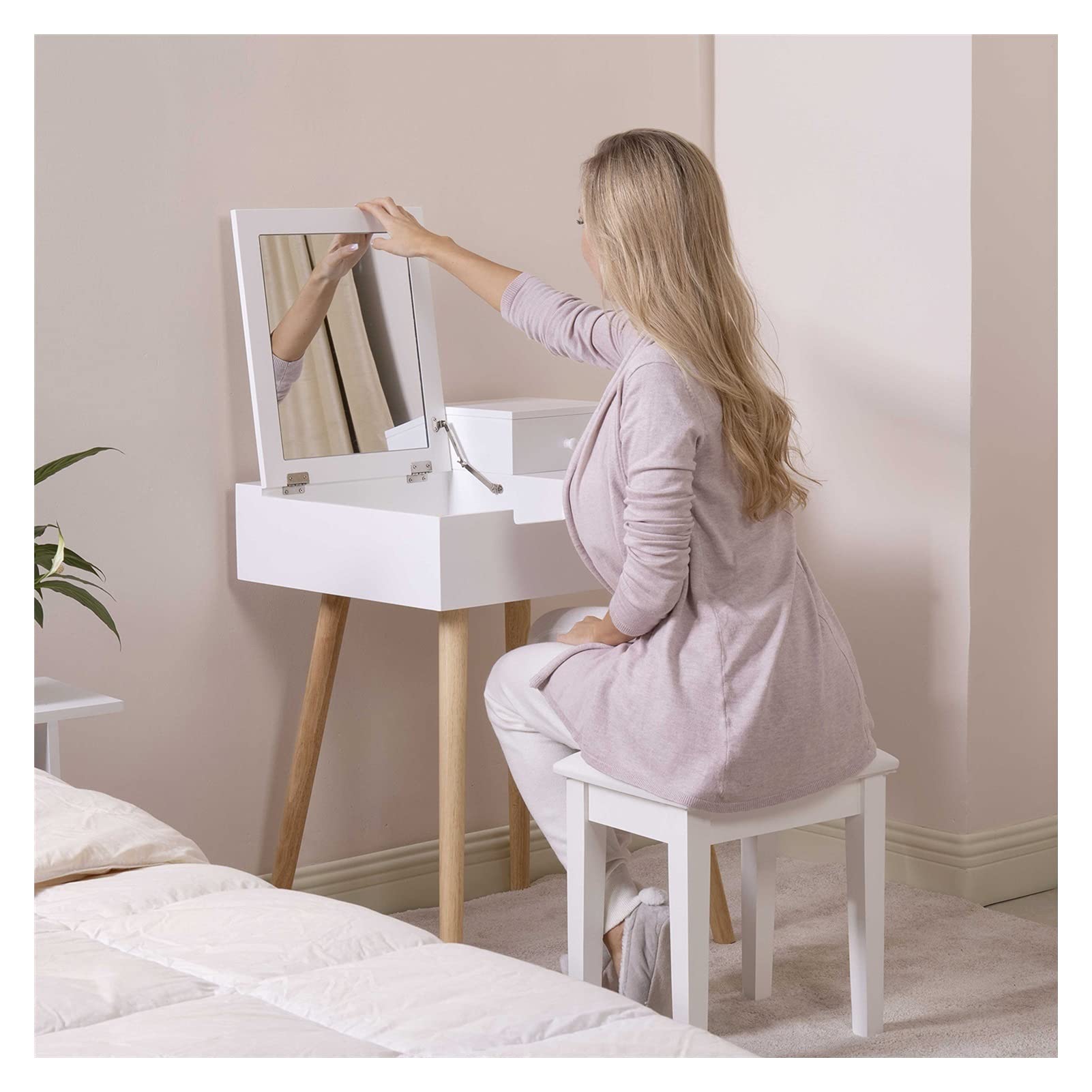 White Wooden Vanity Desk with Flip-Top Dressing Mirror - Multifunctional Writing Table & Computer Desk for Home Office, Bedroom, and Dressing Room