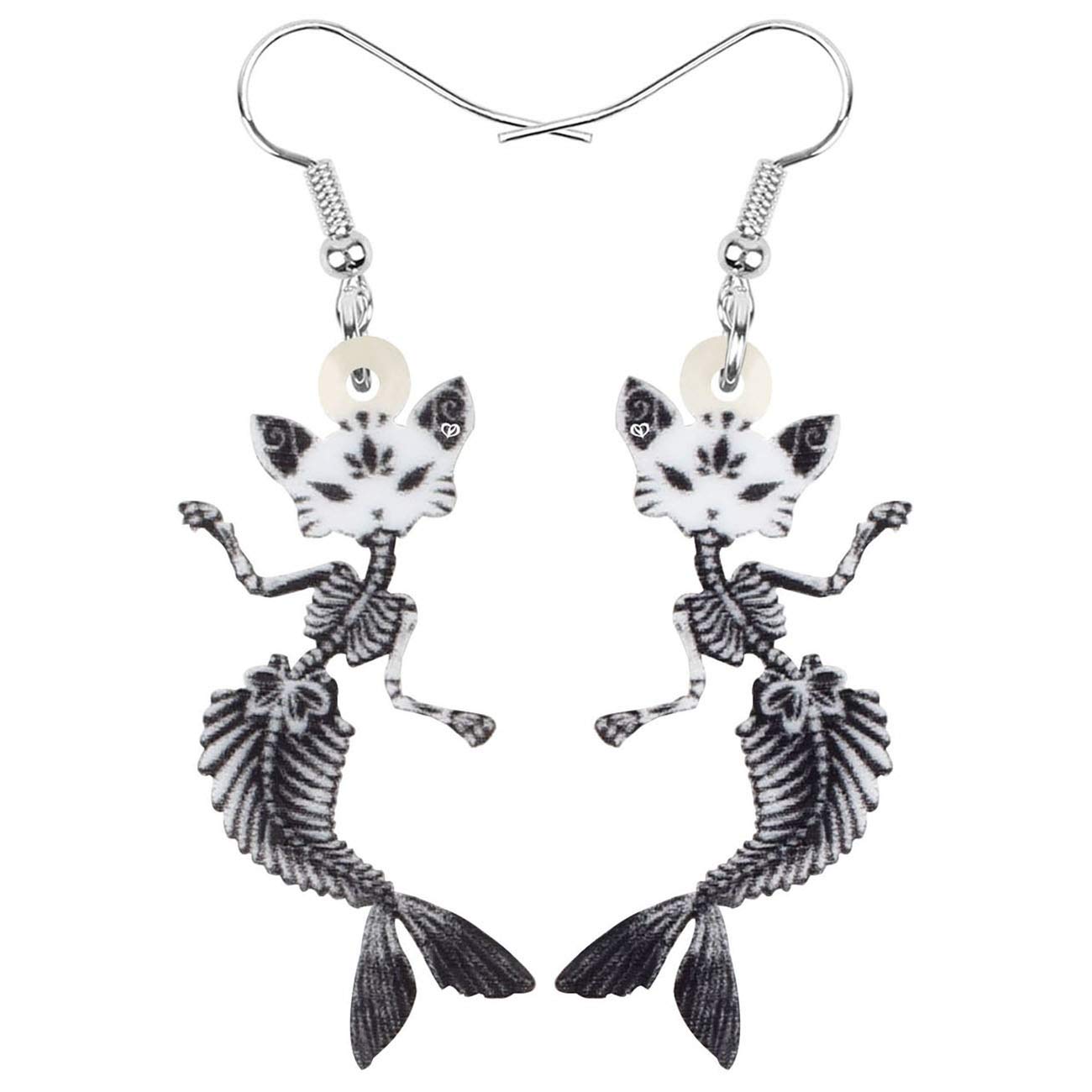 Halloween Black Mermaid Bones Skull Cat Earrings - Acrylic Dangle Drop Jewelry for Women & Teens | Gothic Witchy Accessories for Costume Parties, Cosplay & Spooky Gifts