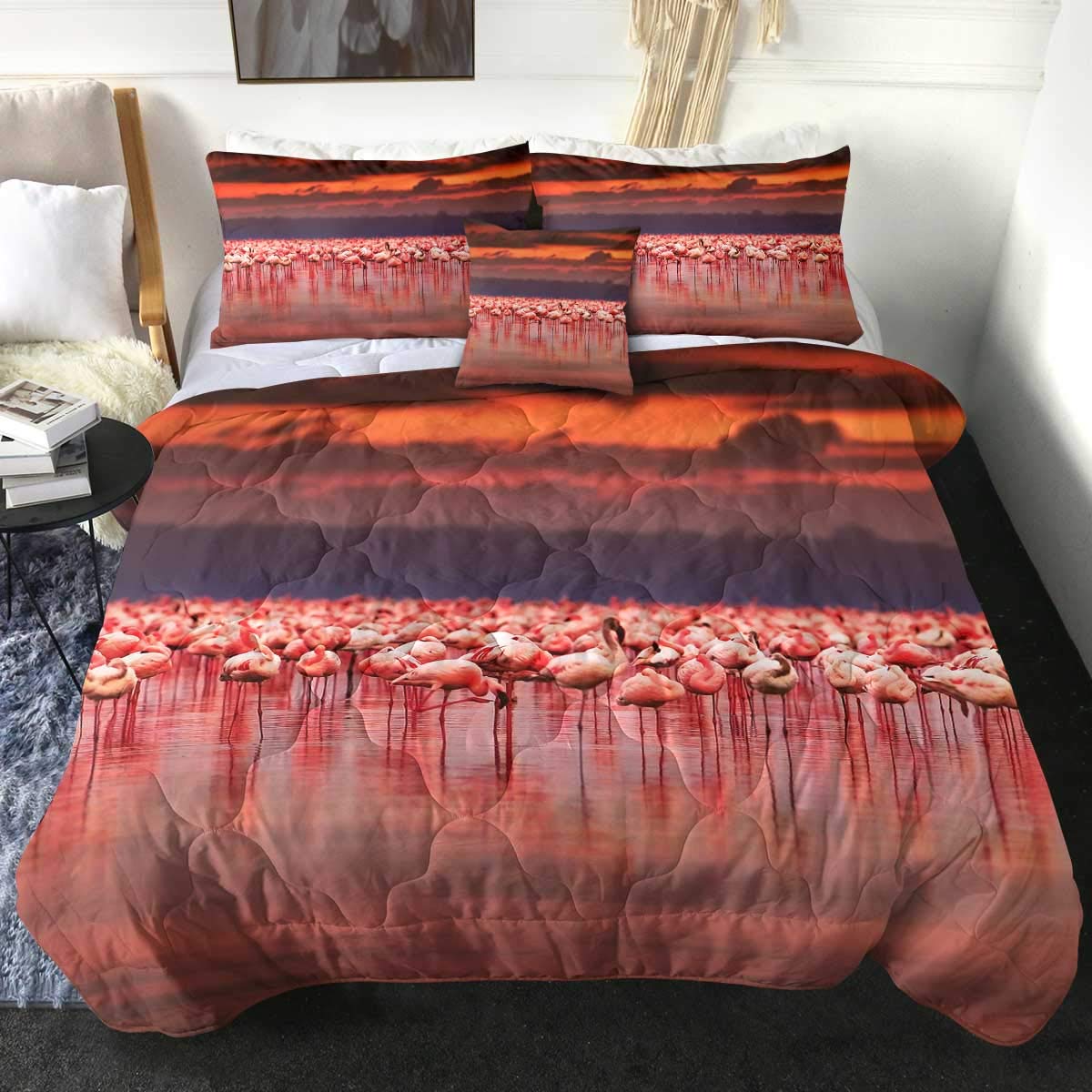 Sleepwish 3D African Flamingos Print Reversible Comforter Set - Queen Size 4-Piece Bedding with 2 Pillow Covers & Cushion Cover, Sunset Tropical Design for Stylish Bedroom Decor | Perfect for Guest Rooms, Vacation Homes & Bohemian Bedroom Themes