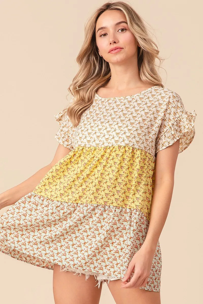 BiBi Floral Printed Woven Color Block Tiered Blouse - Women's Fashion Boho Chic Tunic Top for Casual Wear, Summer Outfits & Beach Vacations