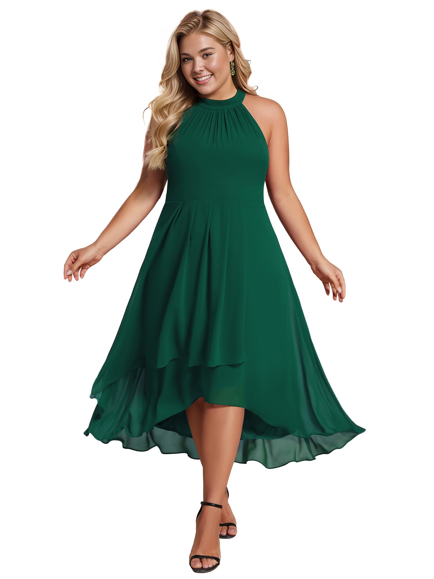 Ever-Pretty Plus Size Women's Sleeveless Halter A-Line Pleated High-Low Wedding Guest Dress 31926-DA | Elegant Formal Occasion & Special Event Attire