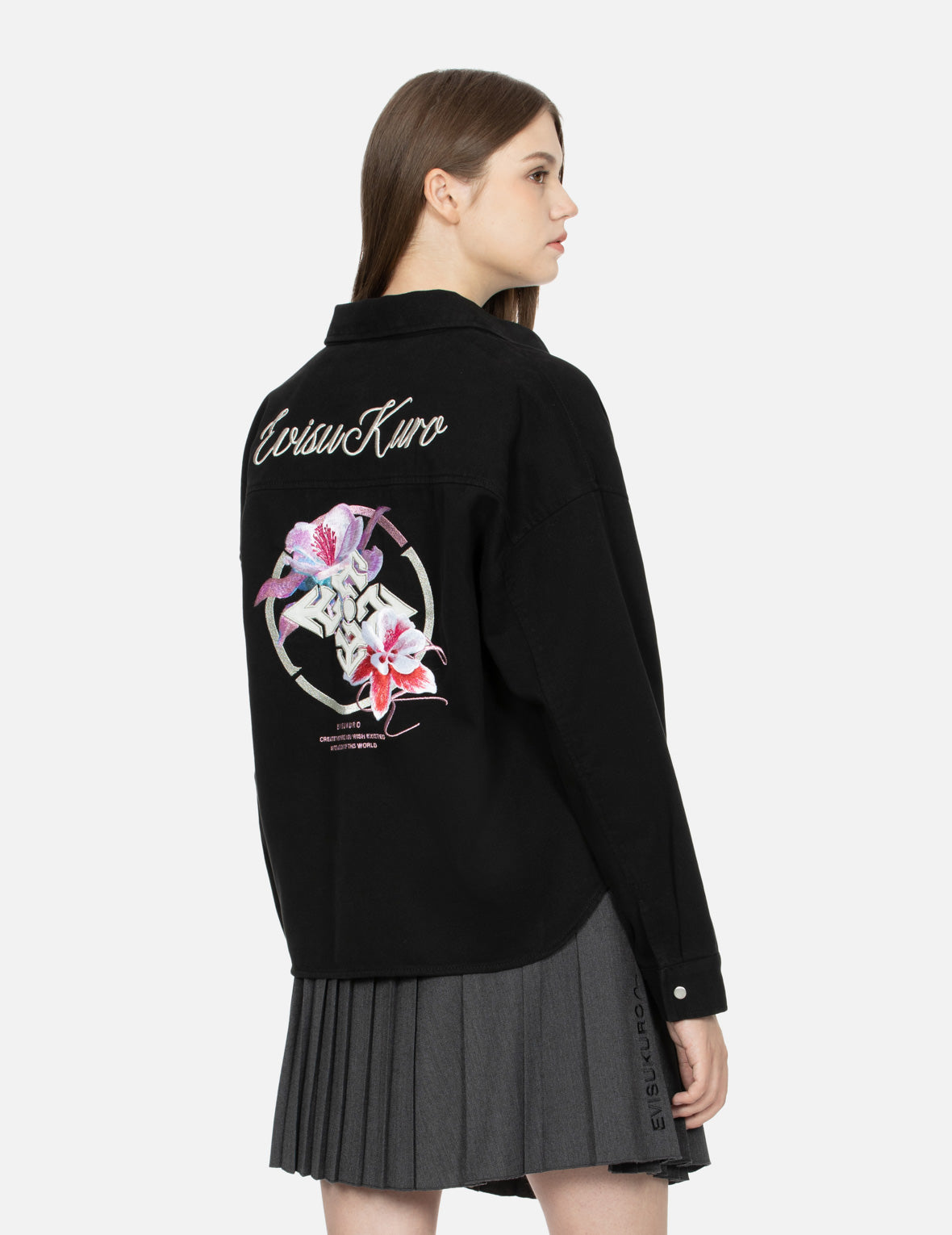 Floral Kamon Embroidery Boxy Shirt Jacket for Women - Japanese Style Casual Oversized Blazer - Perfect for Spring Outfits, Office Wear & Street Fashion